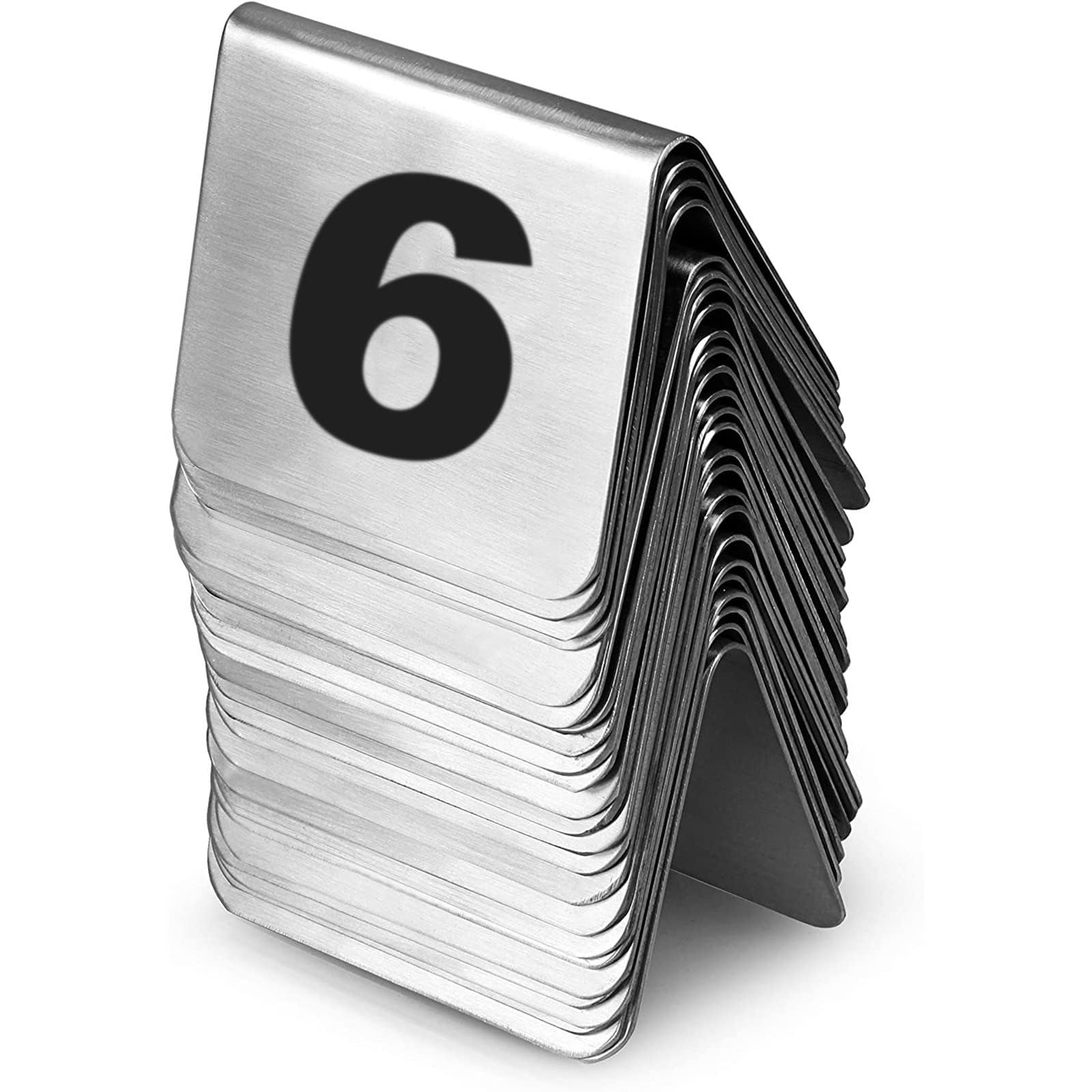 Placas de números de mesa, estilo tienda de campaña de metal en forma de V, apilables, tarjetas de lugar de restaurante 1-25, disponibles en 25, 50 o 100 opciones de paquete para organización de