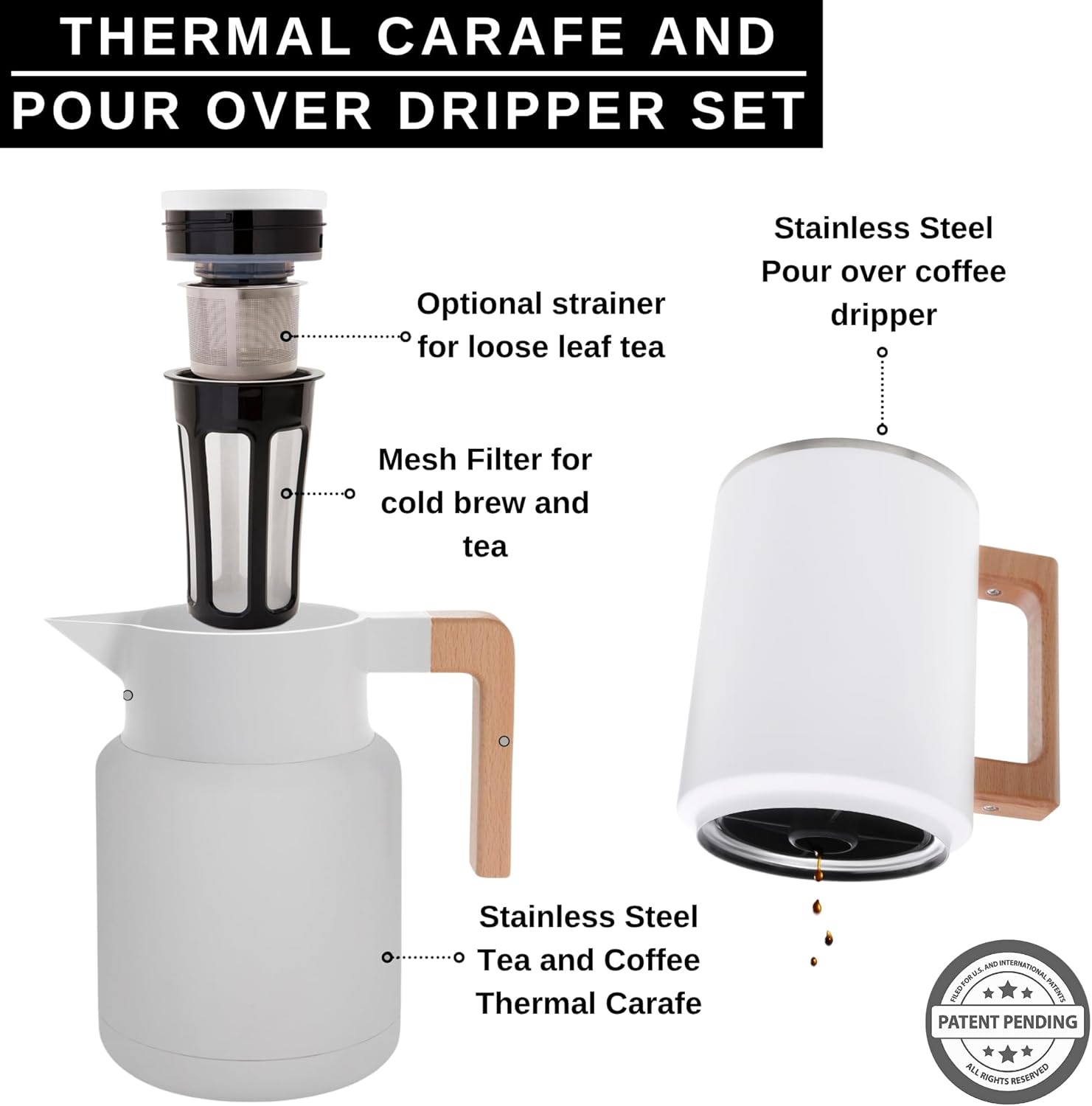 HASTINGS 50 Oz Pour Over Coffee Maker Set with Double Layer Reusable Stainless Steel Filter 8-Cup and Wood Handle - Dual Wall Heat Resistant Drip Coffee Brewer, Pour Over Coffee Dripper Carafe, White