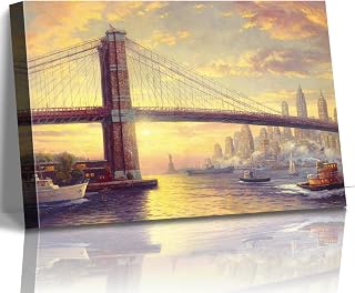 STUDIO HAVEN Thomas Kinkade Canvas Wall Art, Brooklyn Bridge NYC Skyline Golden Sunset Riverboats and Iconic Bridge Oil Painting Poster Landscape Wall Decor, Framed Prints for Home Decor, 48x32Inch