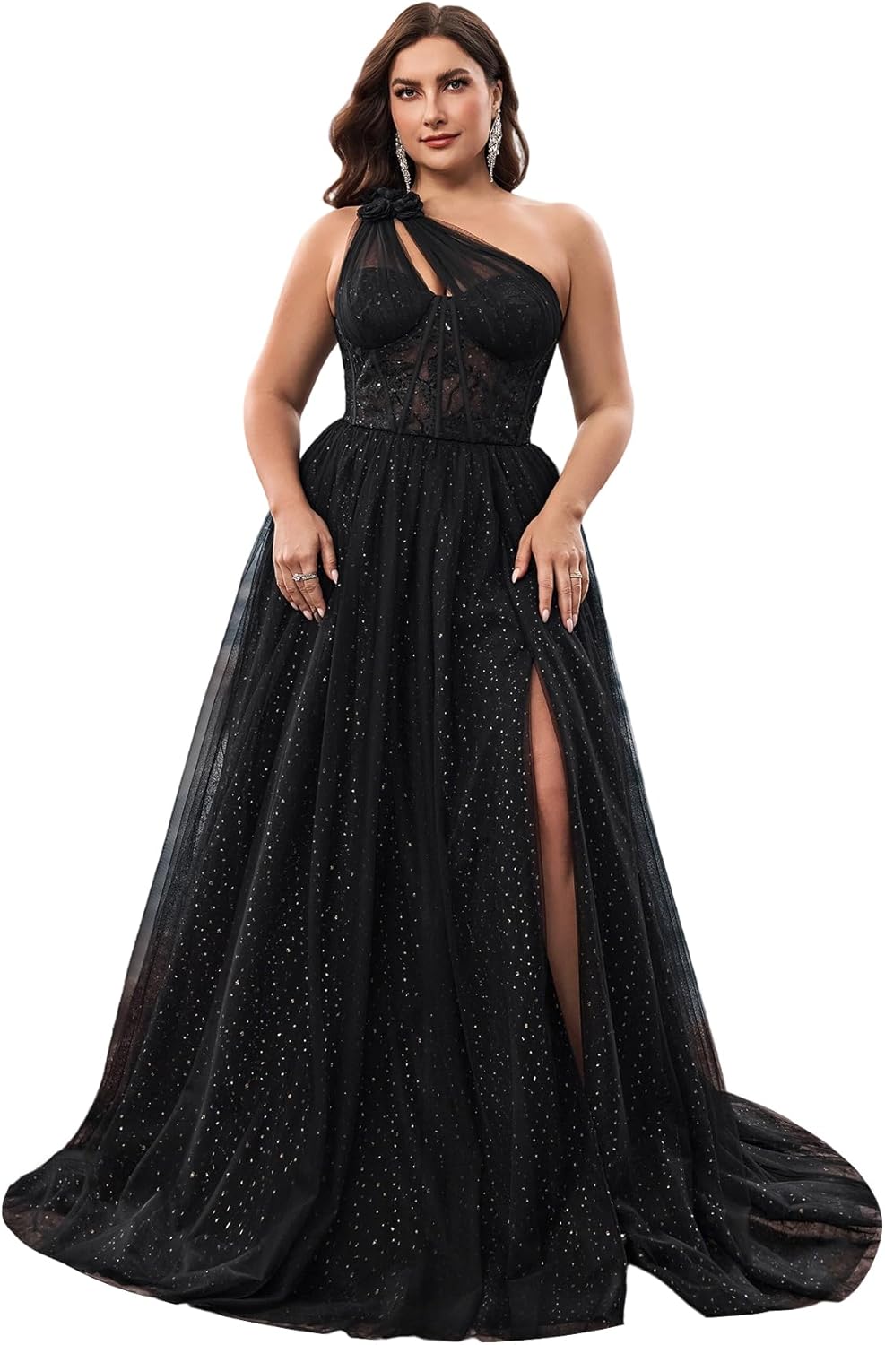 Plus Size Wedding Guest Dress with One-Shoulder & Sequined, High Slit & Sleeveless Style Formal Maxi Dress