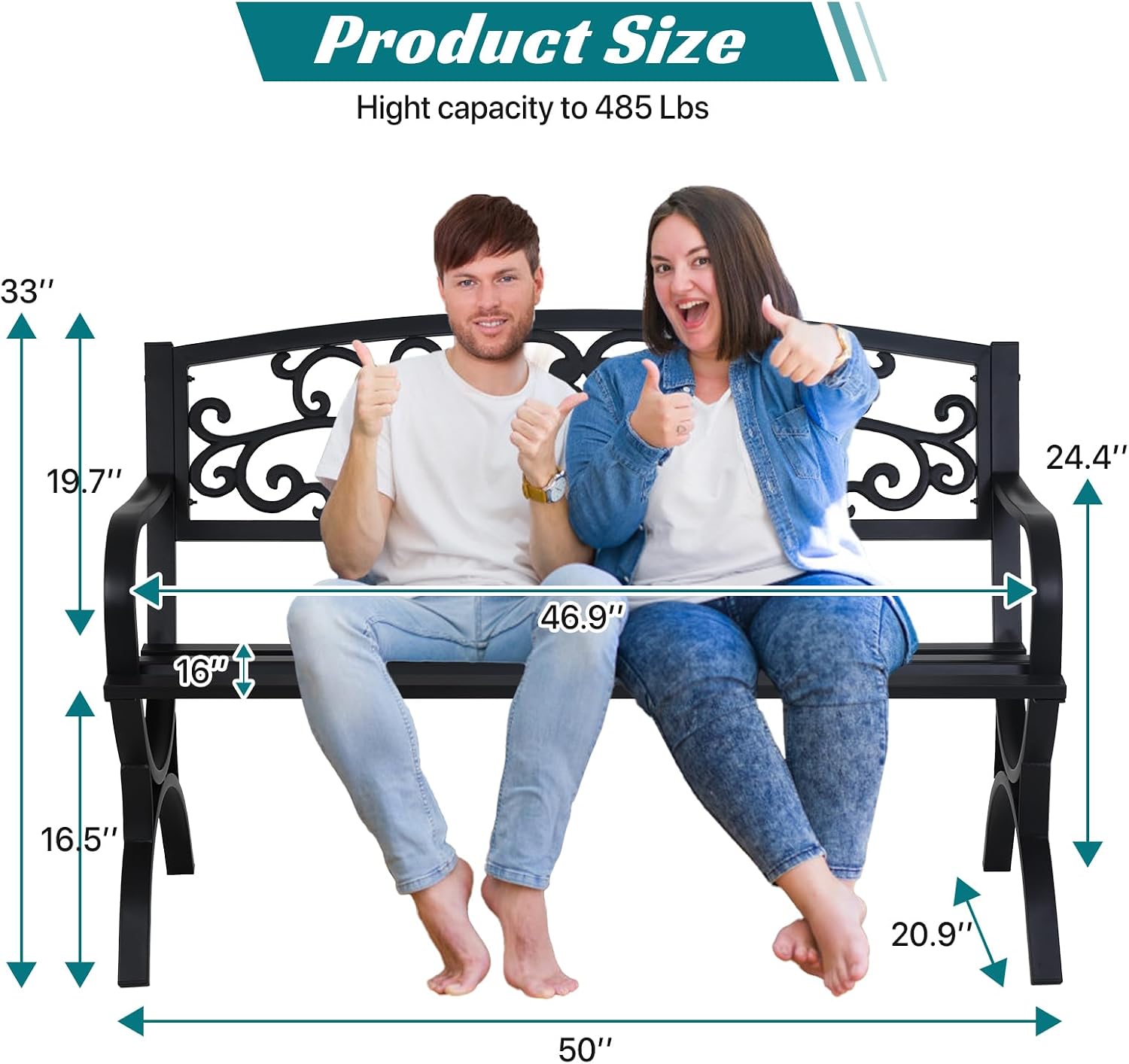 50" Outdoor Bench w/Floral Design Backrest Garden Bench, Cast Iron Patio Bench Arch Legs Metal Benches for Porch Lawn Front Porch, Black