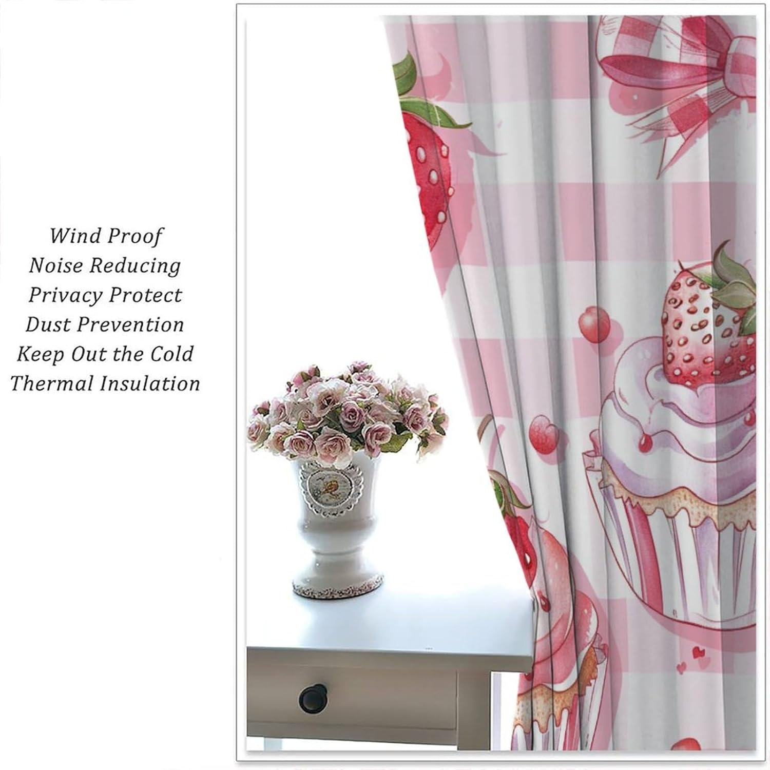 Rustic Strawberry Blackout Curtains for Bedroom Living Room, Rod Pocket Shortcake Bowknot Gingham Curtains Thermal Insulated Window Drapes 2 Panels, Each 21W x 45L