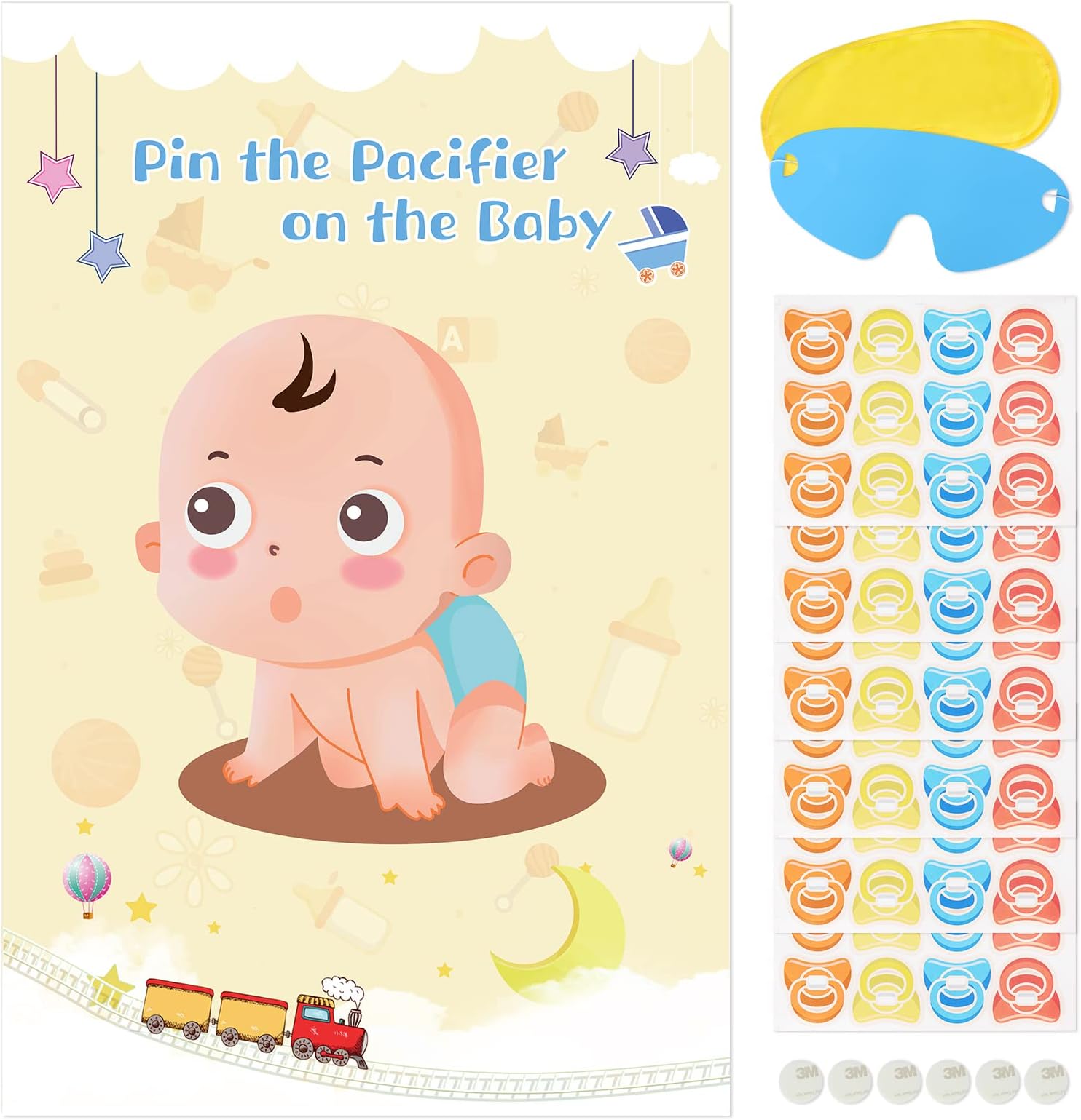Hooqict Pin The Pacifier On The Baby Game, Baby Pacifier Games Poster with 72pcs Pacifiers Stickers Baby Shower Games Party Favors Boys Girls Birthday Party Supplies
