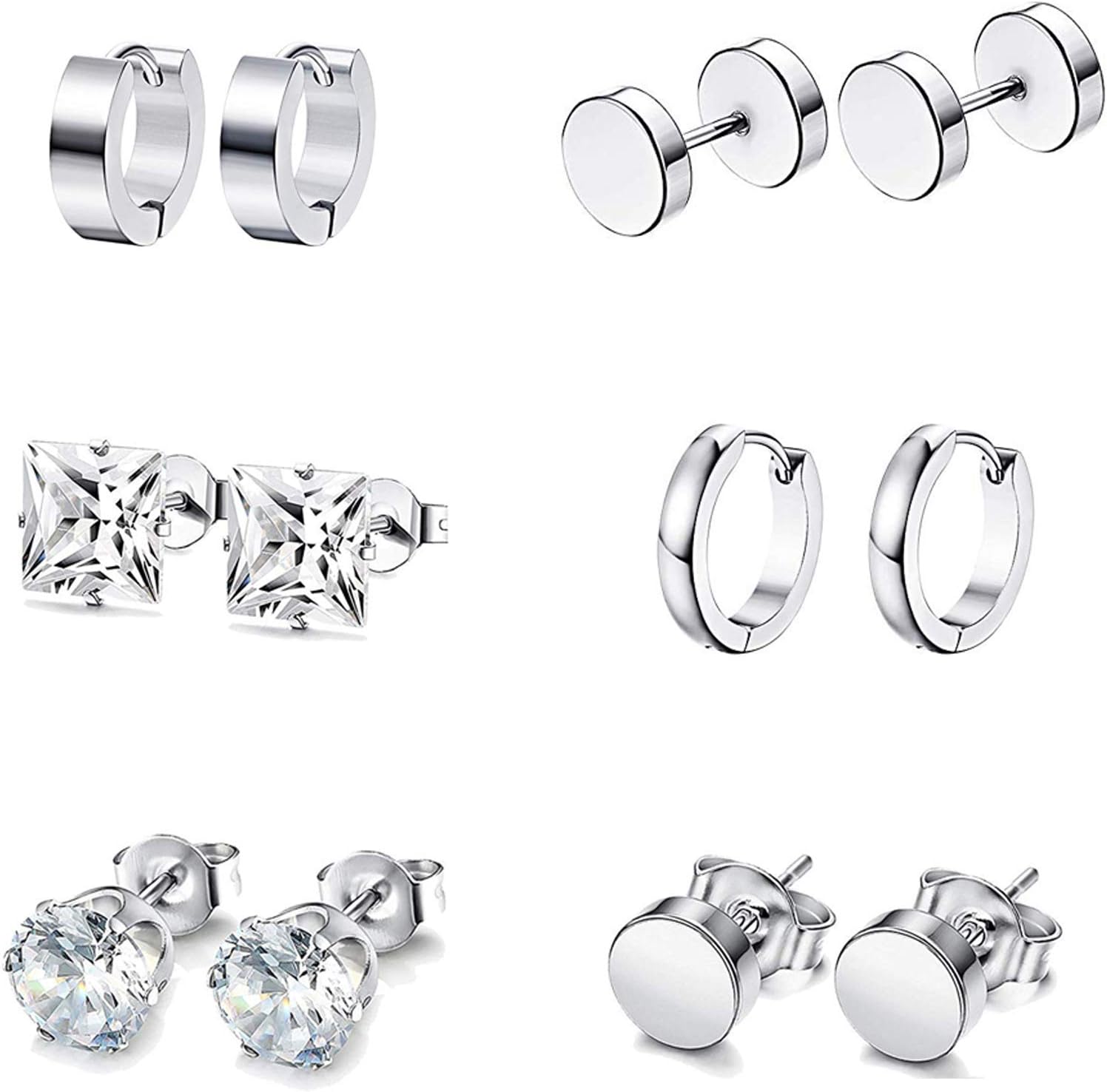 6 Pairs Silver Earrings Studs, Stainless Steel CZ Screw Studs Cartilage Earrings Hoops Barbell Ear Plugs Ear Piercing Triangle Screw Studs Earrings Endless Round Huggie Hoop Men's Earrings