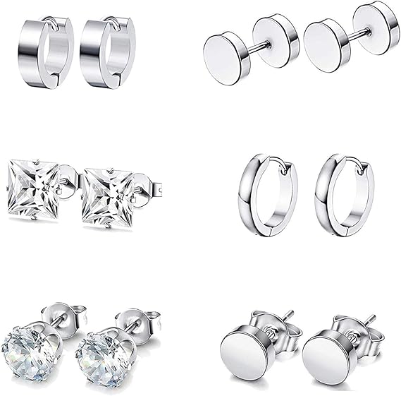 6 Pairs Silver Earrings Studs, Stainless Steel CZ Screw Studs Cartilage
