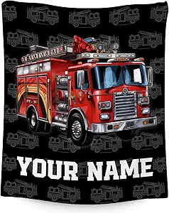 Toddler Blankets for Boys, Personalized Cozy Soft Fire Truck Throw Gifts for Kids, Black Flannel Firefighter Blankets for Bed Travel, 50x60 Inches