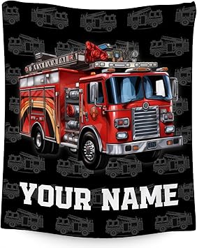 Toddler Blankets for Boys, Personalized Cozy Soft Fire Truck Throw Gifts for Kids, Black Flannel Firefighter Blankets for Bed Travel, 50x60 Inches