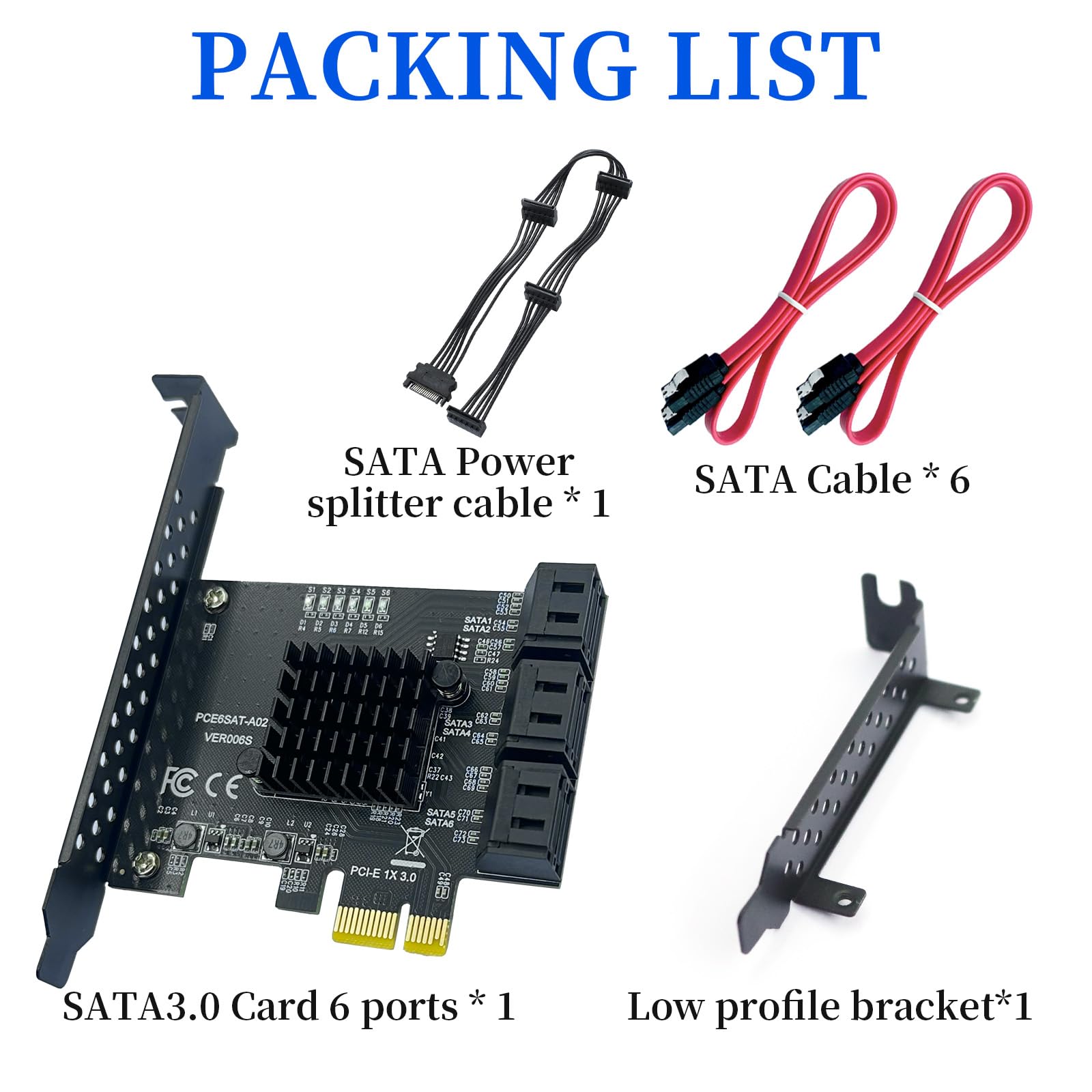 Adaptateur PCIe x1 SATA 6 Ports, controleur Gen3 6Gbit/s, ASM1166 | incl. 6 câbles SSD/HDD compatible avec Windows XP,7,8,10,11,Linux,macOS, 6 câbles SATA, 15 broches