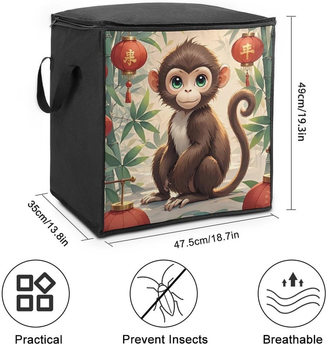 Chinese Style Monkey Comforter Storage Bag Moving Bag | Clothes Storage Bins-70L,Moving Bag With Dual Handles For Easy Carrying, Zipper Design Durability for Home,Bedroom,Closet