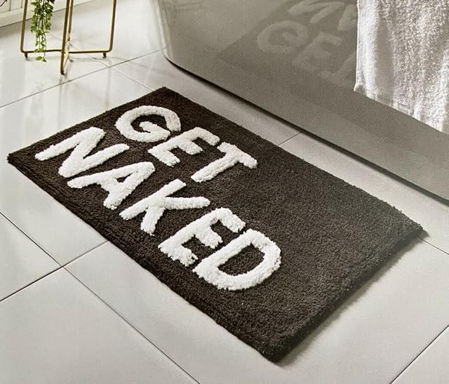 Deenz GET NAKED Grey & White Bath Mat Backing Water Absorbent Bathroom Rug With Pop Up Get Naked Letters Super Soft & Non Slip (Grey)