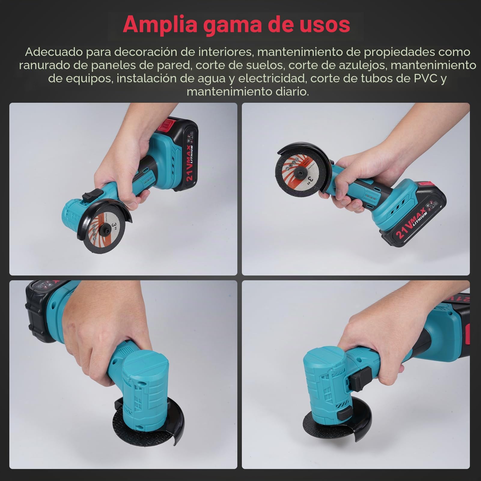 Set de amoladora angular con batería de 21 V con motor eléctrico sin escobillas de 19.000 r.p.m., potentes herramientas de amoladora angular con 2 x cargador de batería de 1300 mAh para cortar, lijar