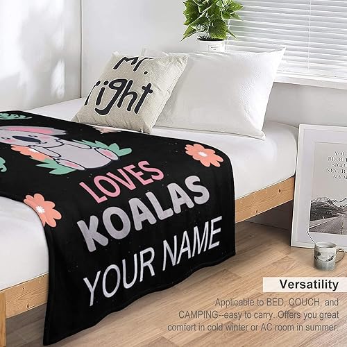 Miniatura 6 de Manta de koala personalizada con nombre, suave, mullida y cálida, manta pequeña de 40 x 50 pulgadas para sofá, negro, bonita manta para niñas y niños