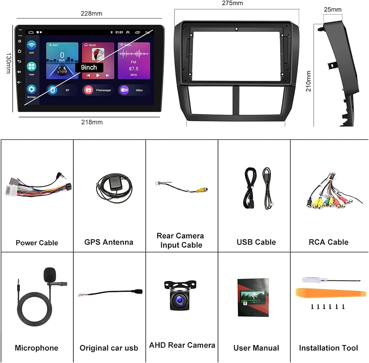Included components and dimensions of the UNITOPSCI Car Stereo