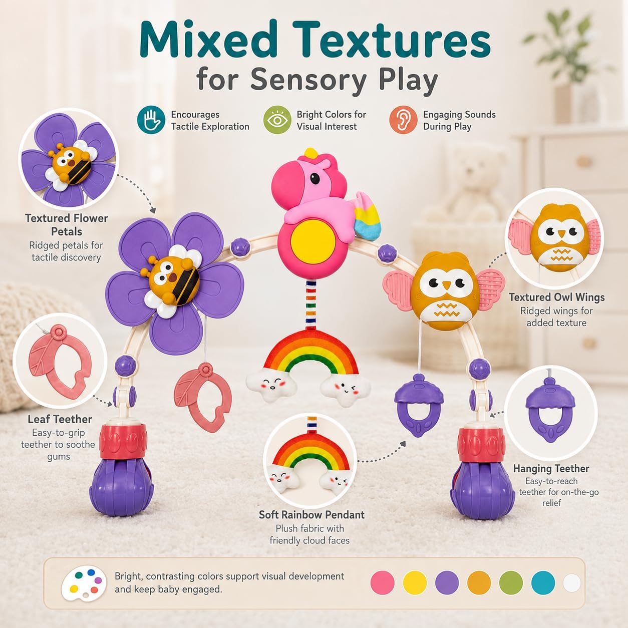 Baby Activity Arch Toy, Adjustable Clip-On Toy Bar with Rattles, Teethers & Crinkle Plush Toys, Infant Sensory Toy for Stroller, Car Seat, Bassinet, Bouncer and Baby Gear, Baby Toys 0-6 Months image 2