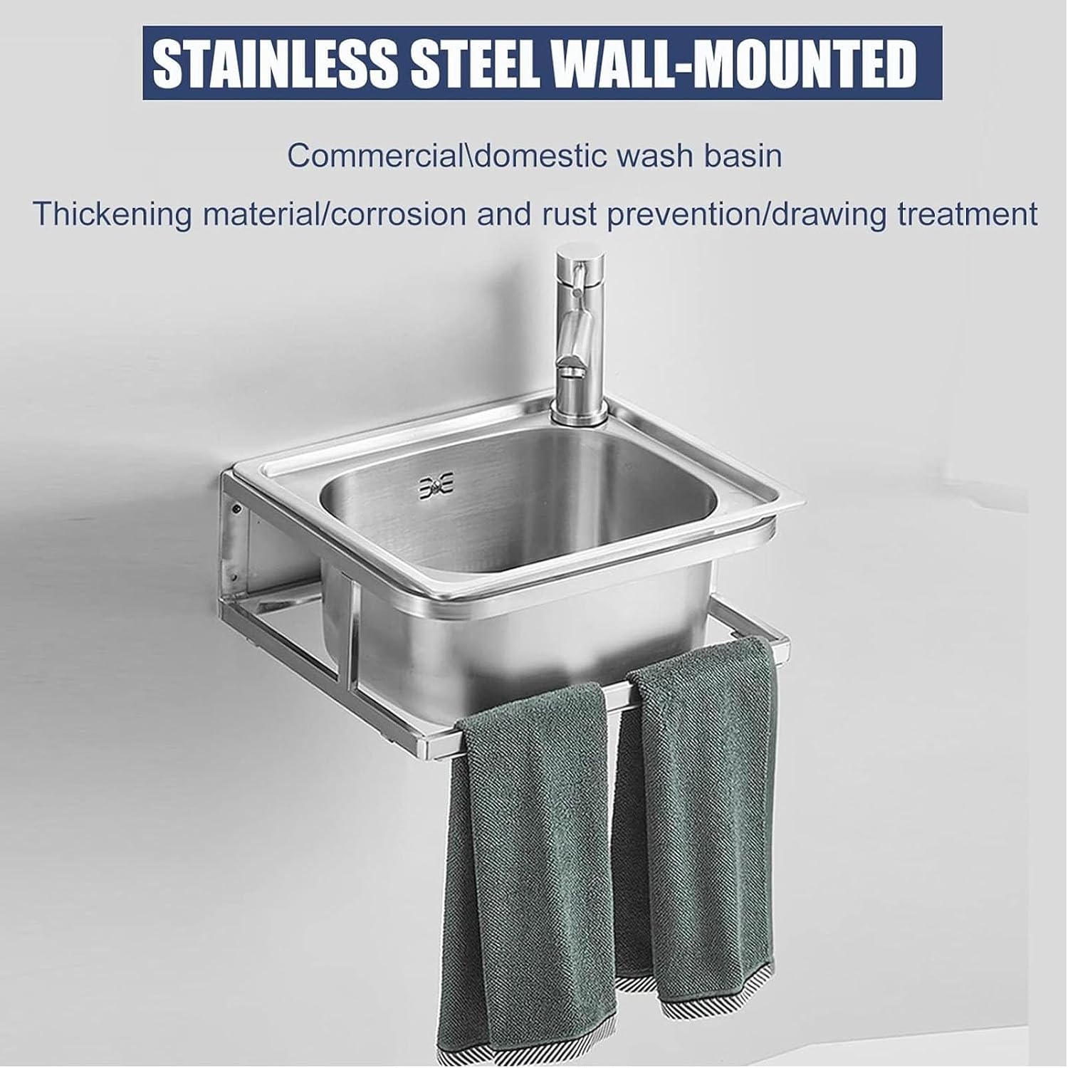 Wall Mount Basin Sink Vanity Sink, Stainless Steel Small Vessel Hand Wash Sink W/Faucet and Drain Combo, Commercial Utility Sink