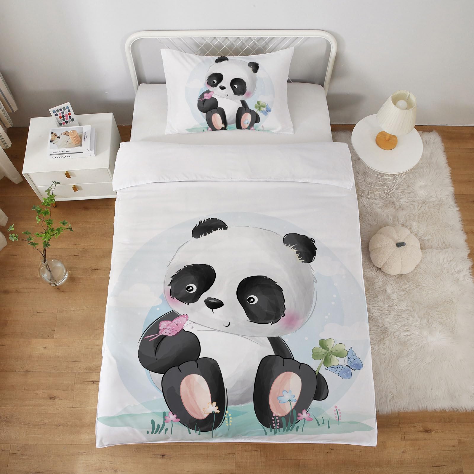 MUSOLEI Panda Single Duvet Cover Set Kids Bedding Set, Lovely Light Blue Quilt Bed Cover for Boys Girls Soft,Zipper Closure Quilt Cover 135X200cm+ 1 Pillowcase 50X75cm Soft Microfiber