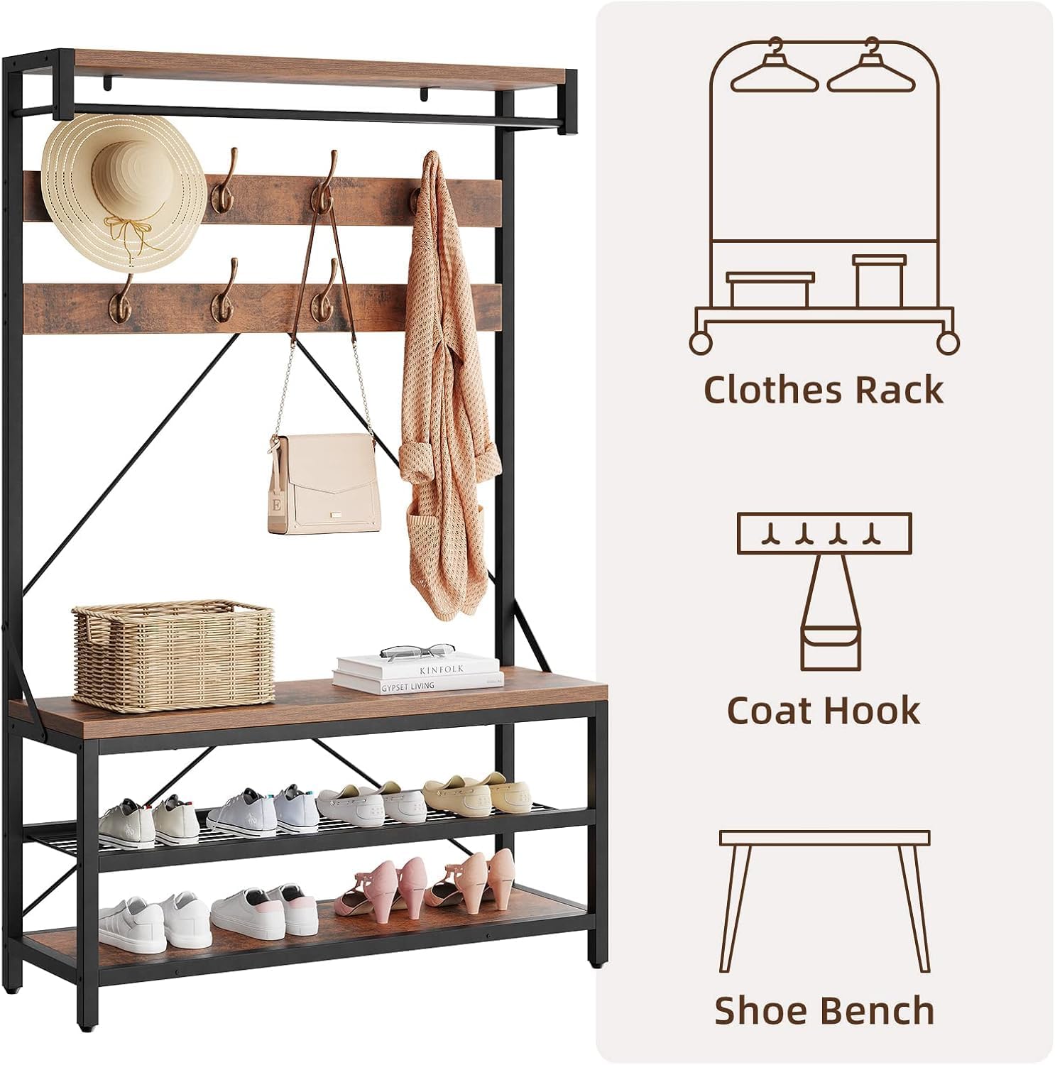 Hall Tree with Bench, Entryway Coat Rack with Storage, Entryway Bench with 8 Hooks, Industrial Shoe Rack Organizer for Foyer, Front Door, Rustic Brown 39.9"x15.7"x72"