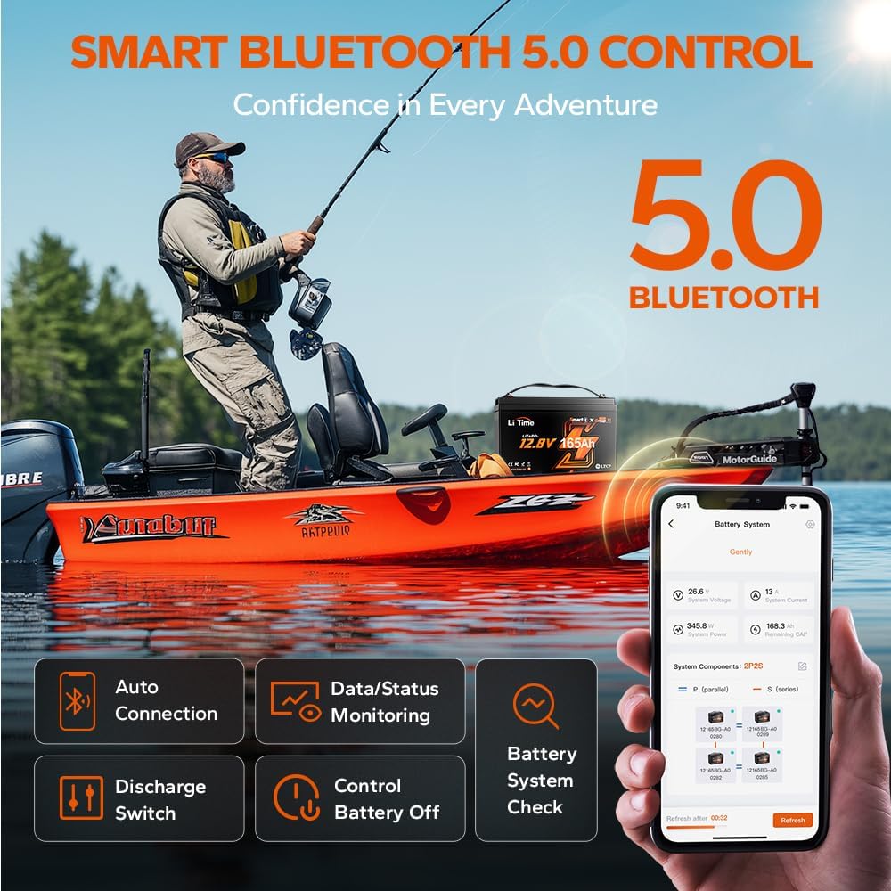 Litime 12V 165Ah LiFePO4 Lithium Battery Bluetooth, Deep Cycle Trolling Motors Battery, Group 31 Size with 2112Wh Energy Density, 165A BMS, Perfect for Boat, RV Camping, Marine