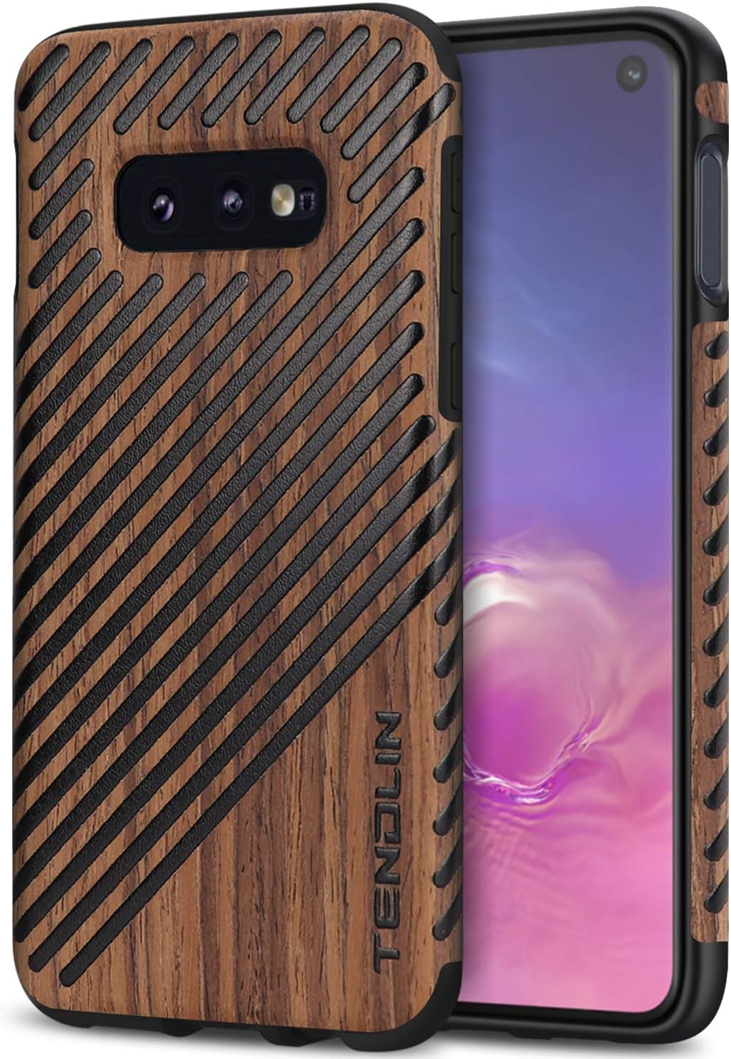 TENDLIN Galaxy S10e Case Wood Grain Outside Design and Flexible TPU Silicone Hybrid Slim Case Compatible with Samsung Galaxy S10e (Wood & Leather)