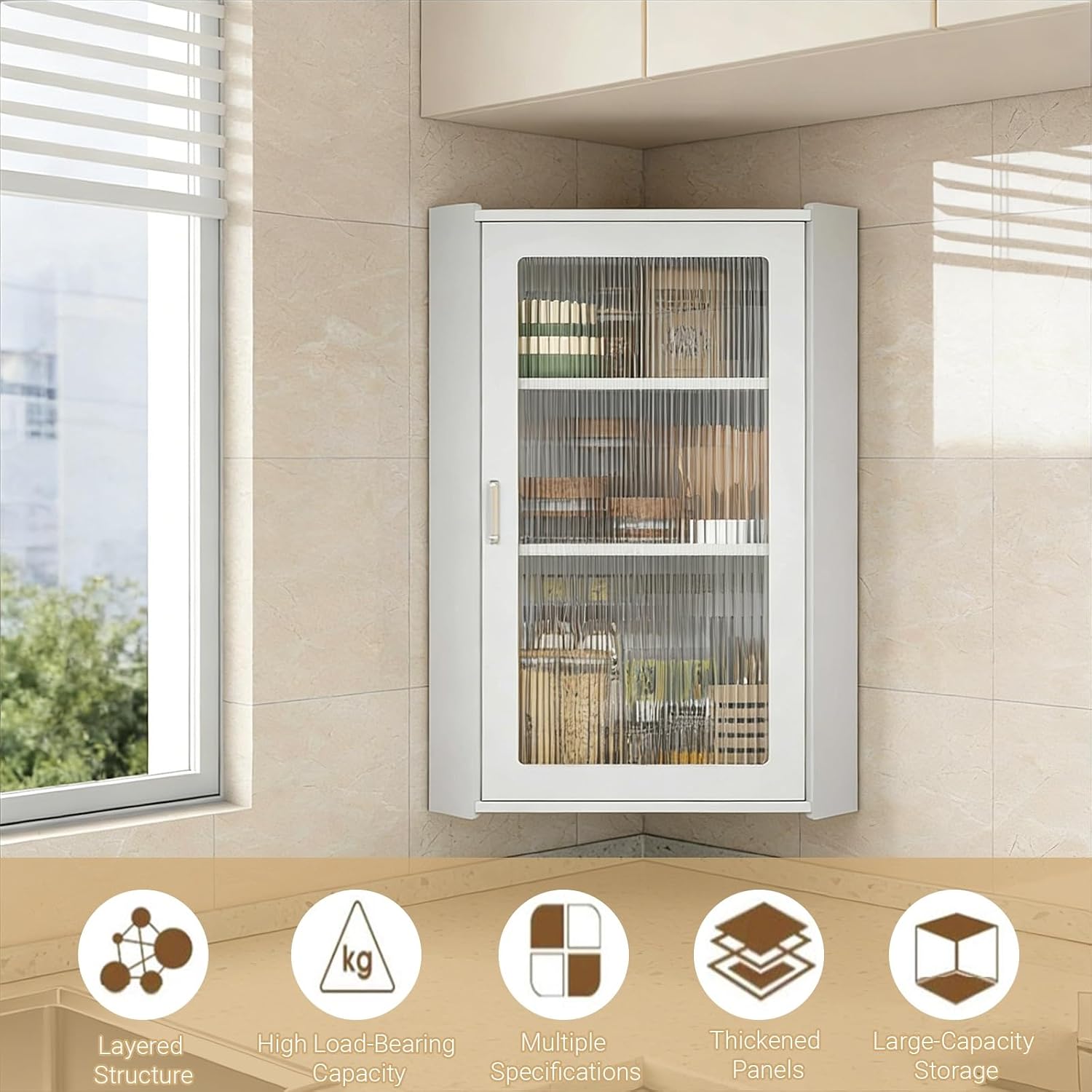 2/3 Tier Corner Spice Rack for Kitchen, Wall Mount Bathroom Cabinets, Small Corner Medicine Cabinet with Glass Door, Suitable for Kitchens and Bathrooms(Gray,9 * 9 * 23in/25 * 25 * 59cm)