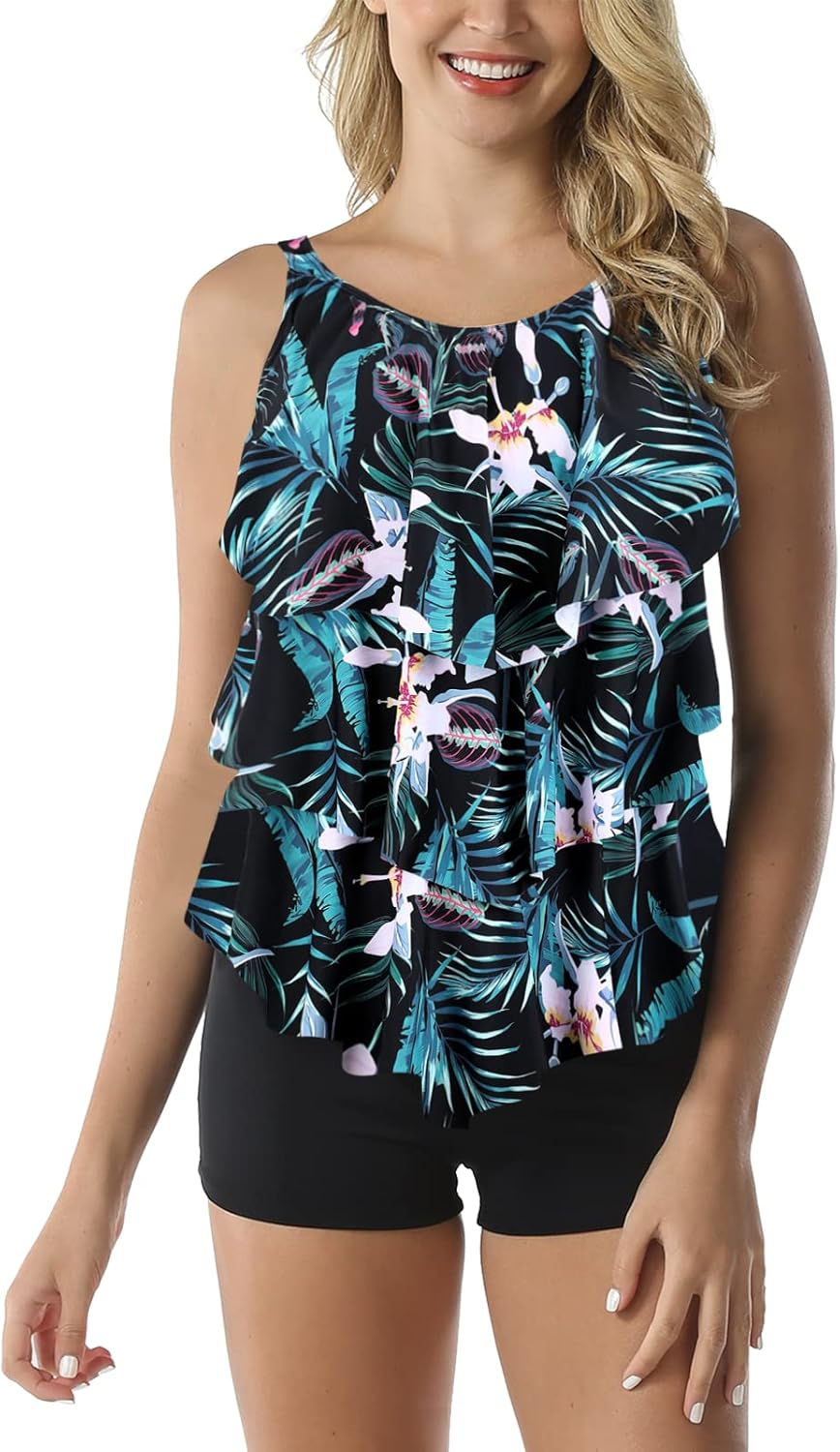 Septangle Women's Tankini Swimsuit Two Pieces Set Ruffle Swimwear Bathingsuit with Boyshort