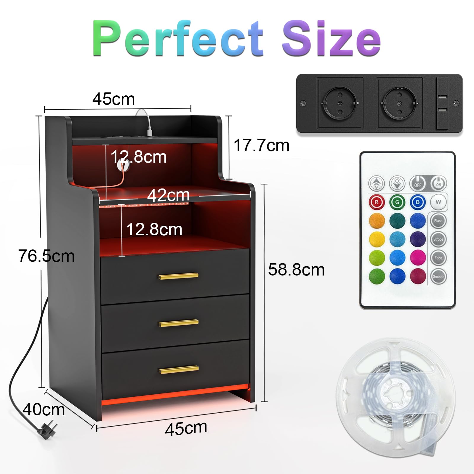 Set Di 2 Comodini Moderni Con LED E Ricarica USB – 3 Cassetti, Nero, 40x45x76 Cm Per Camera Da Letto E Soggiorno