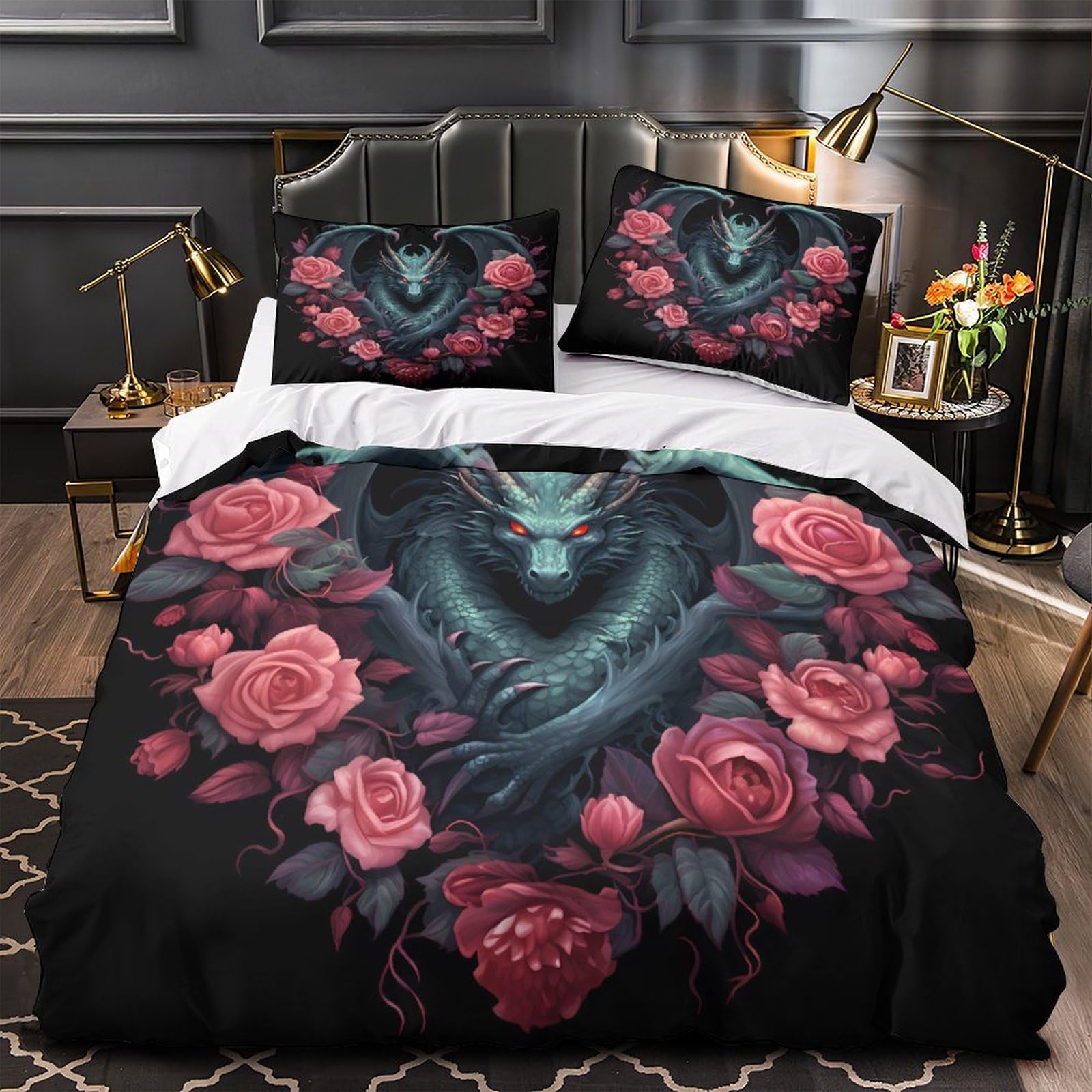 Parure de lit dragon microfibre 3D housse de couette 200x200 mythologie asiatique double
