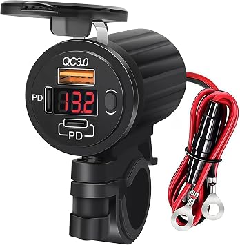 Dirt Bike Motorcycle USB Charger with LED Voltmeter & ON/Off Switch, Ebike Dual PD3.0 & QC3.0 USB 3 Ports Socket, ATV Waterproof Car Charger 12V Power Outlet for for Phone Tablet Camera GPS Red