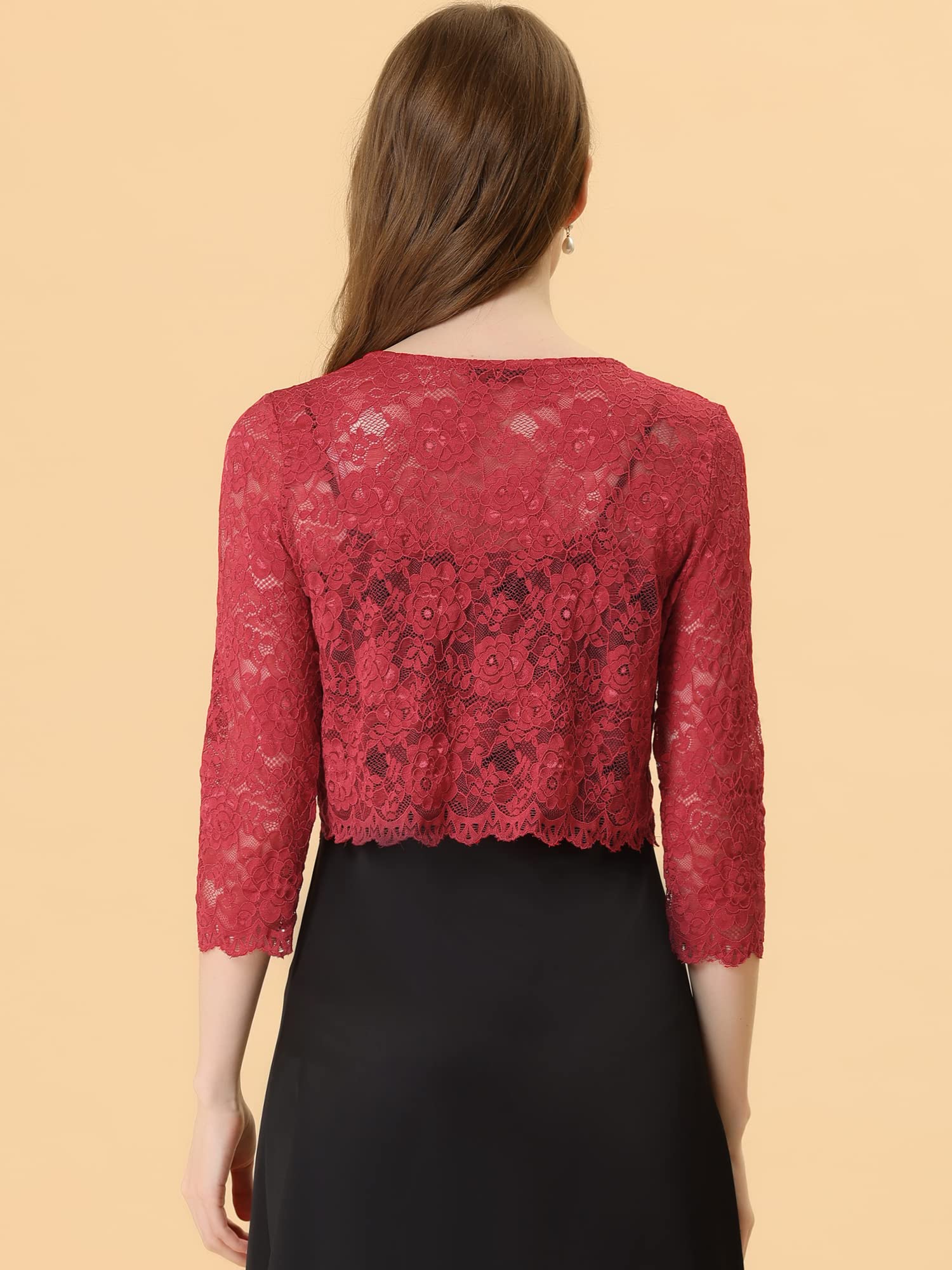 Allegra K Boléro court élégant en dentelle florale pour femme, Rouge, Taille XL