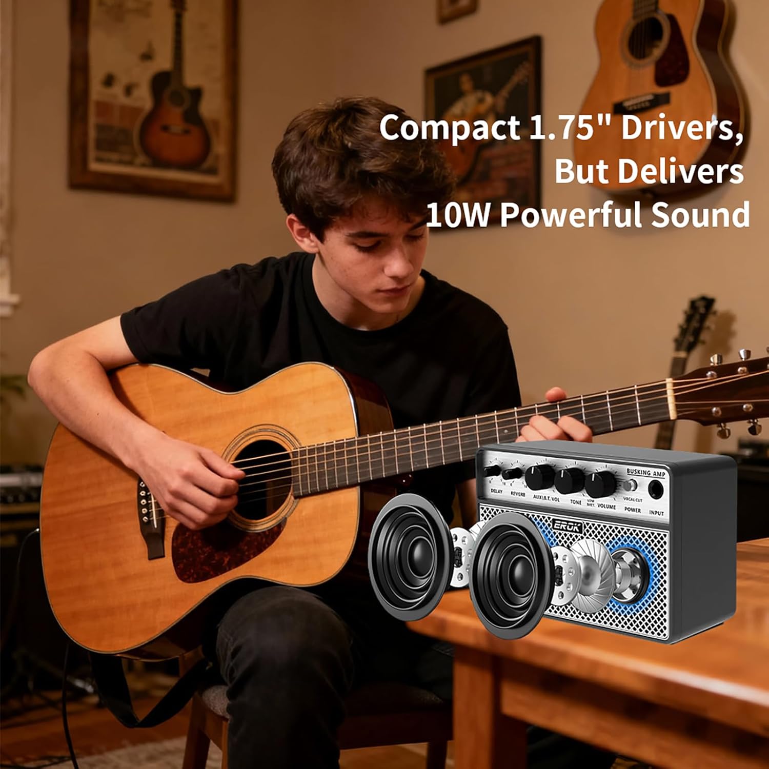 EROK Acoustic Guitar Amp - Portable 2-in-1 Amplifier for Vocal & Guitar with Digital Delay/Reverb Effects, Headphone Output & OTG Recording, Mini Amp for Practice/Travel - Image 6