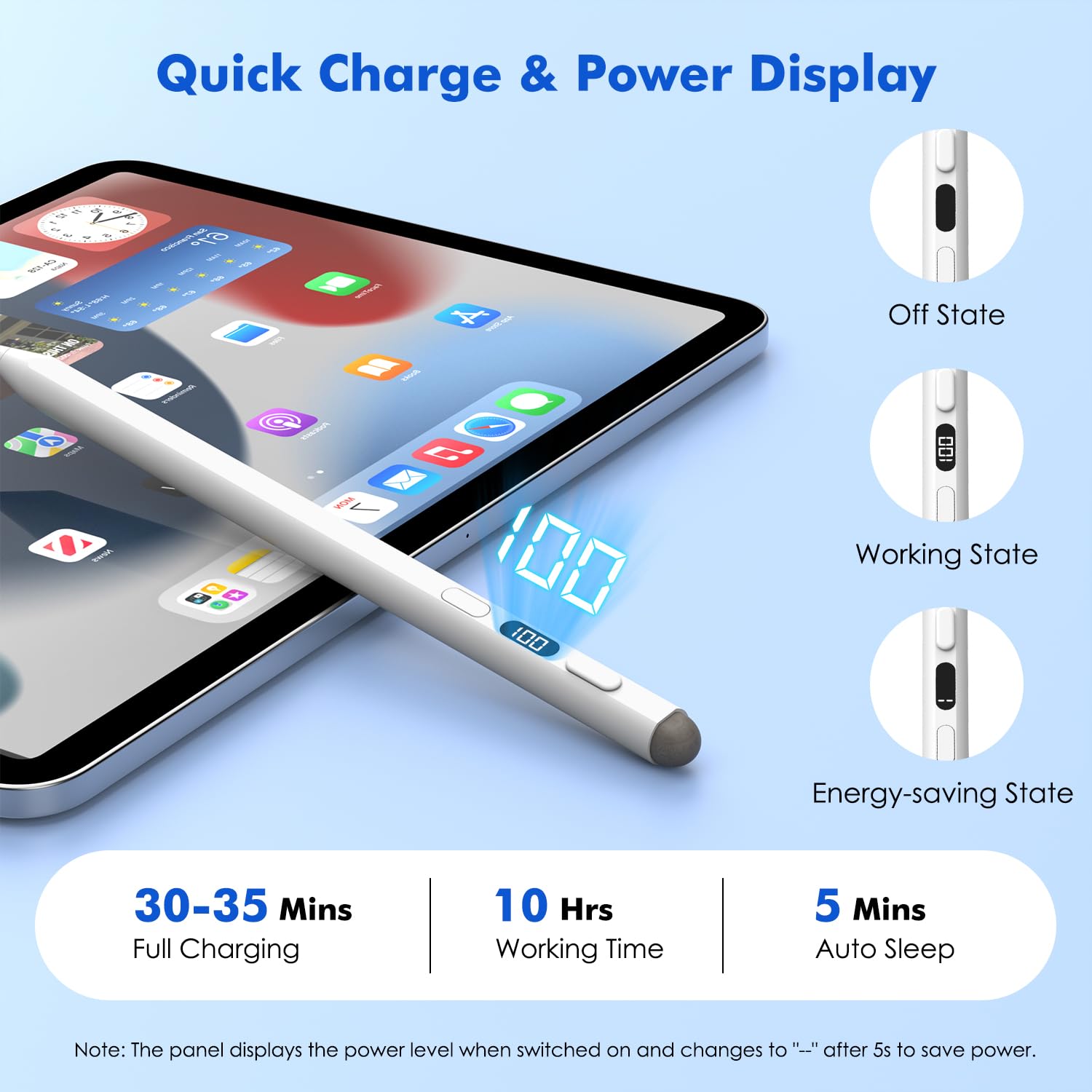 MoKo Stylus Pen for iPad with Power Display, Dual-Tip Apple Pen 30