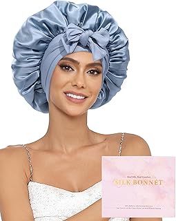 100% Mulberry Silk Bonnet for Sleeping Women Double Layer Silk Hair Bonnet Natural Silk Sleep Cap with Elastic Reversible Hair Wrap (Haze Blue + Sky Blue)