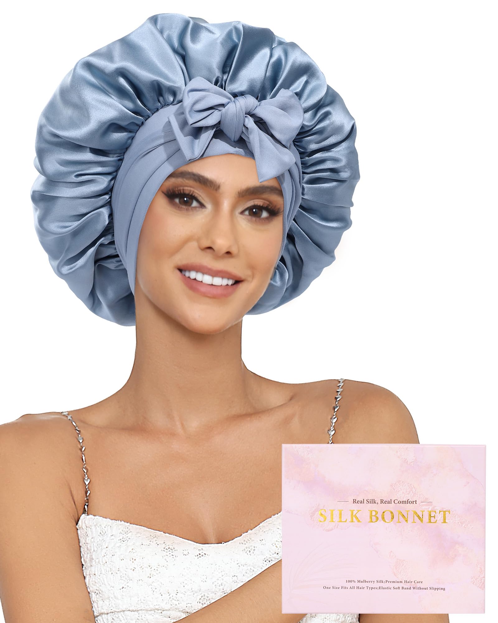 Ufgin 100% Mulberry Silk Bonnet for Sleeping Women Double Layer Silk Hair Bonnet Natural Silk Sleep Cap with Elastic Reversible Hair Wrap (Haze Blue +