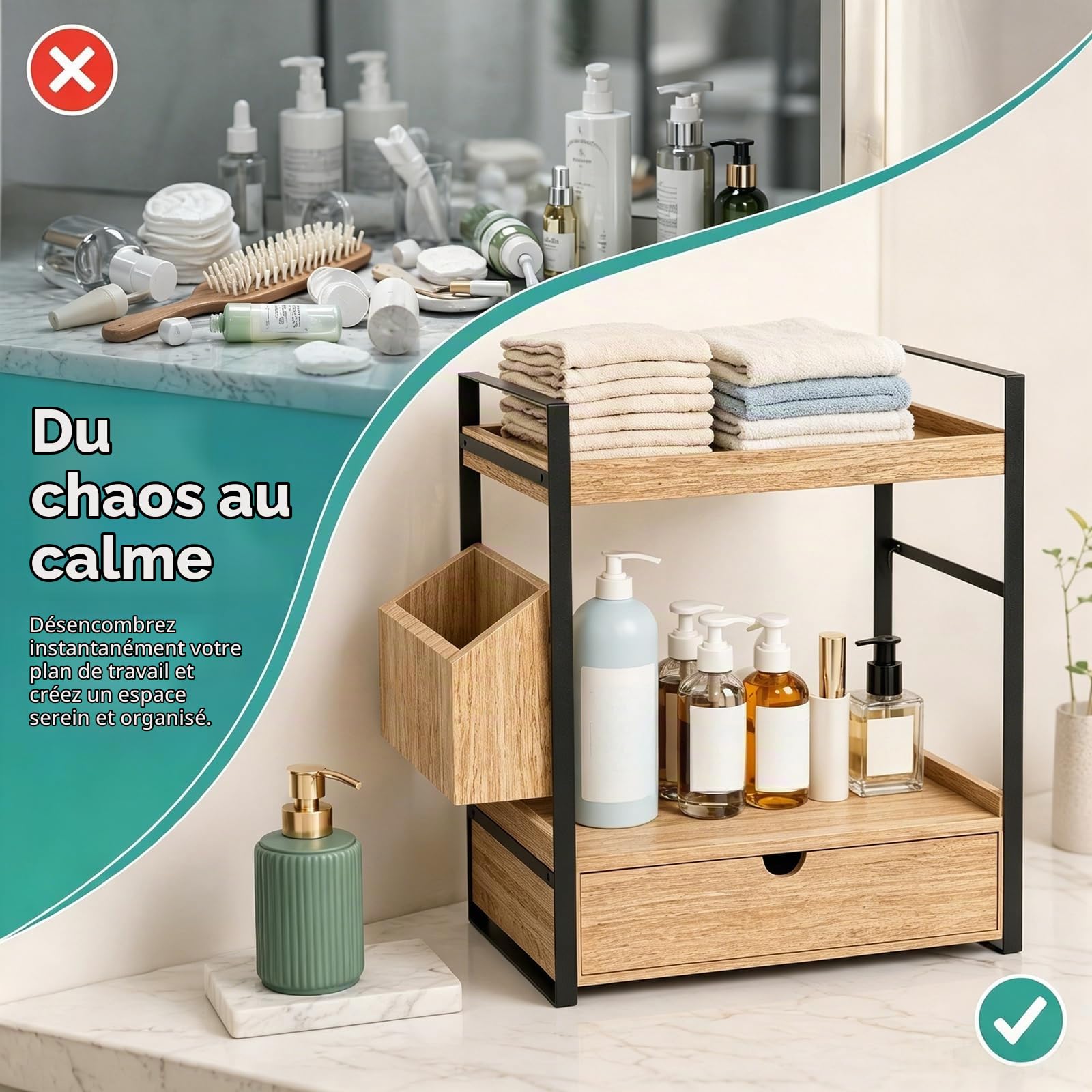 Organisateur de Salle de Bain 2 Niveaux, Étagère de Rangement en Bois et Métal avec Panier Latéral, Support Multifonction pour Cuisine, Bureau, Chambre, Range-Cosmétiques, Épices, Café, Thé