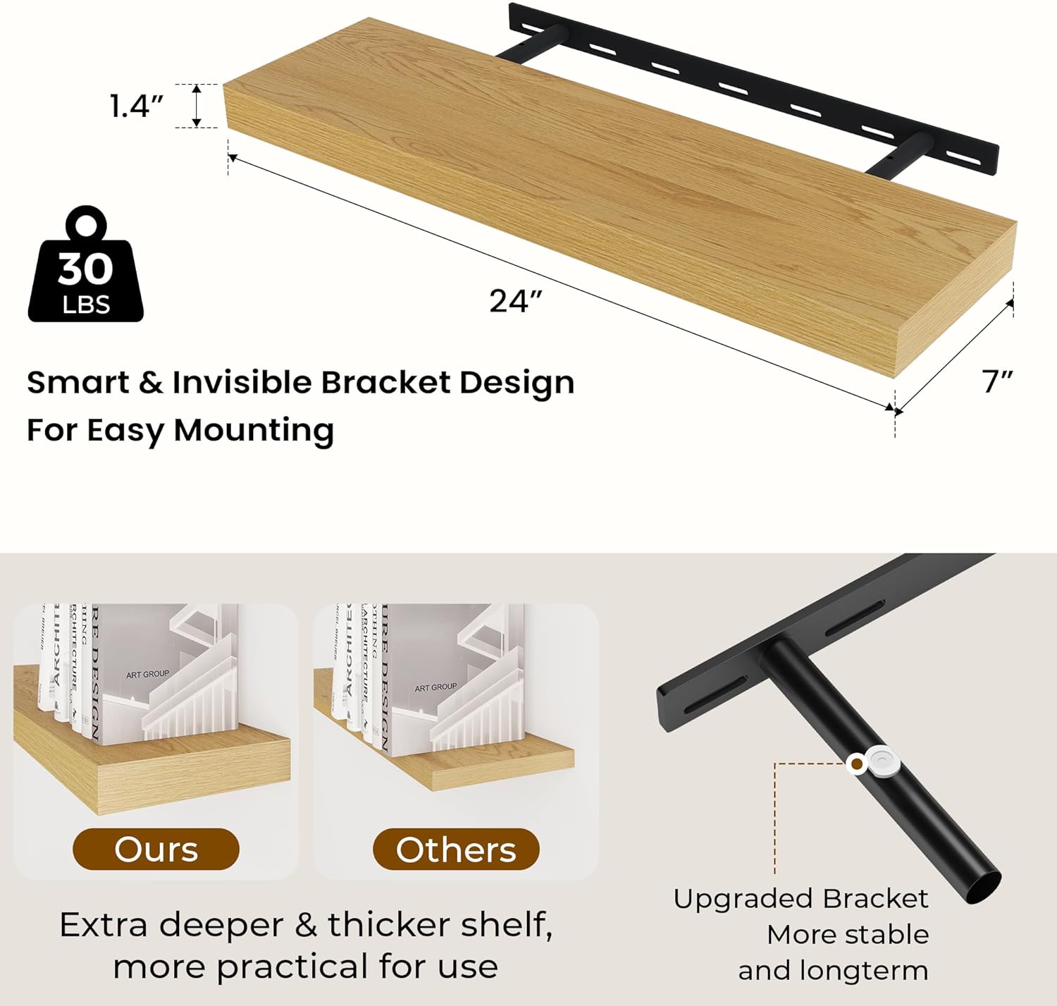 Dreamland 24 Inches Floating Shelves for Wall, 6.7 Inch Deep Floating Shelves Set of 2, Large Display & Storage Shelf, Wall Shelf for Bathroom Bedroom Living Room Kitchen Office,Oak