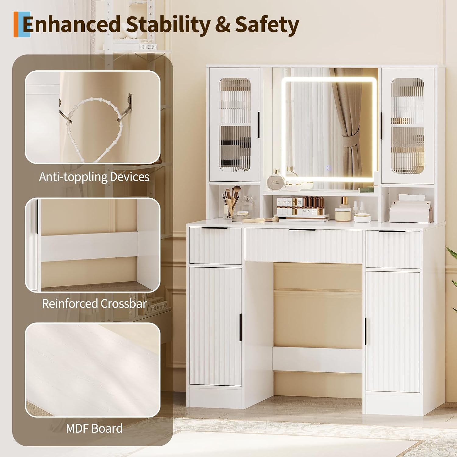 GarveeHome Vanity Desk with Mirror and Light, Makeup Dressing Table with 2 Glass Cabinets, 2 Large Cabinets & 3 Wavy Drawers, Makeup Vanity with Adjustable 3 Lighting Modes for Bedroom, White