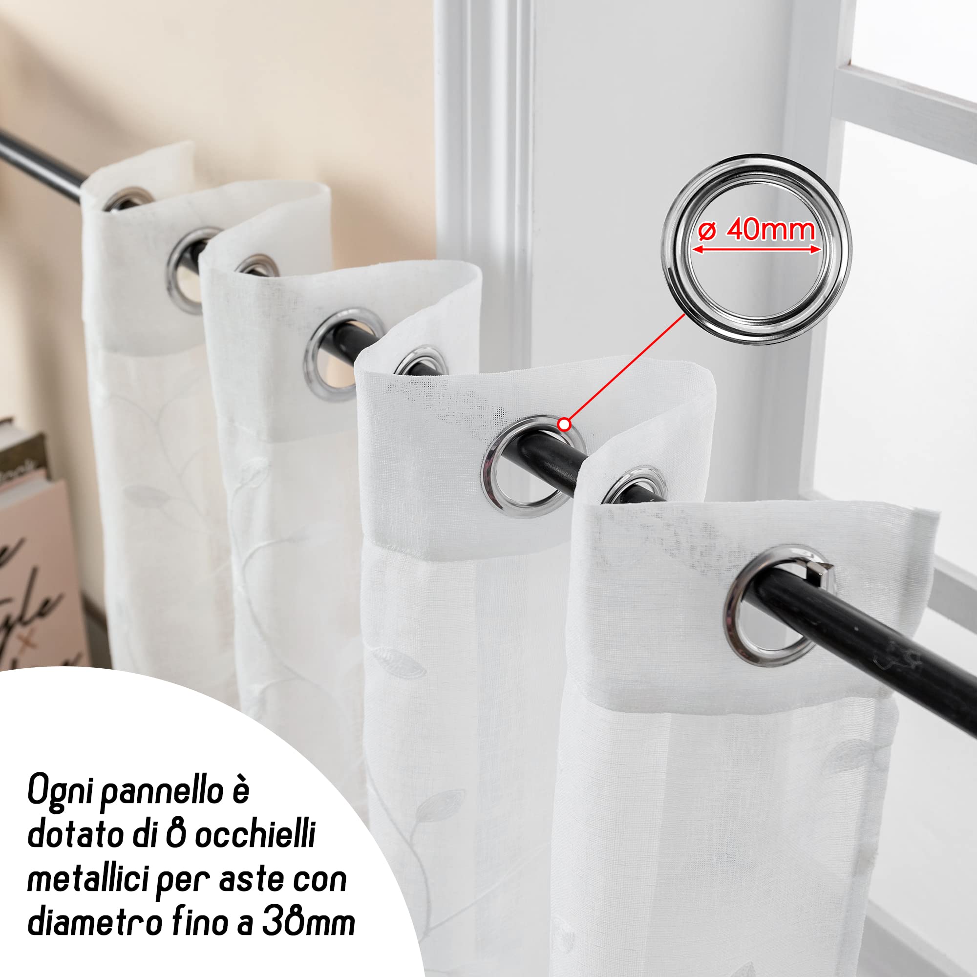 GIRASOLE HOME® Coppia Tende Filtranti in Simil Lino Fantasia Rampicanti Tenda per Interni 2 Pannelli con Occhielli (Bianco, 140x280cm)