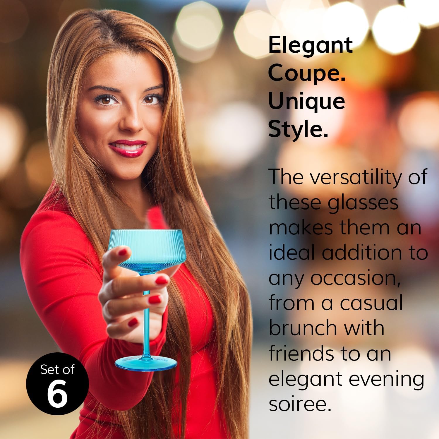 Art Deco Martini, Champagne, Cocktail Colored Crystal Coupe Glasses | Set of 6 | Large Stemmed Glassware Bright Vintage Glasses, Wine, Gift Idea, Rainbow Unique Speakeasy Style Goblet - Modern Ribbed