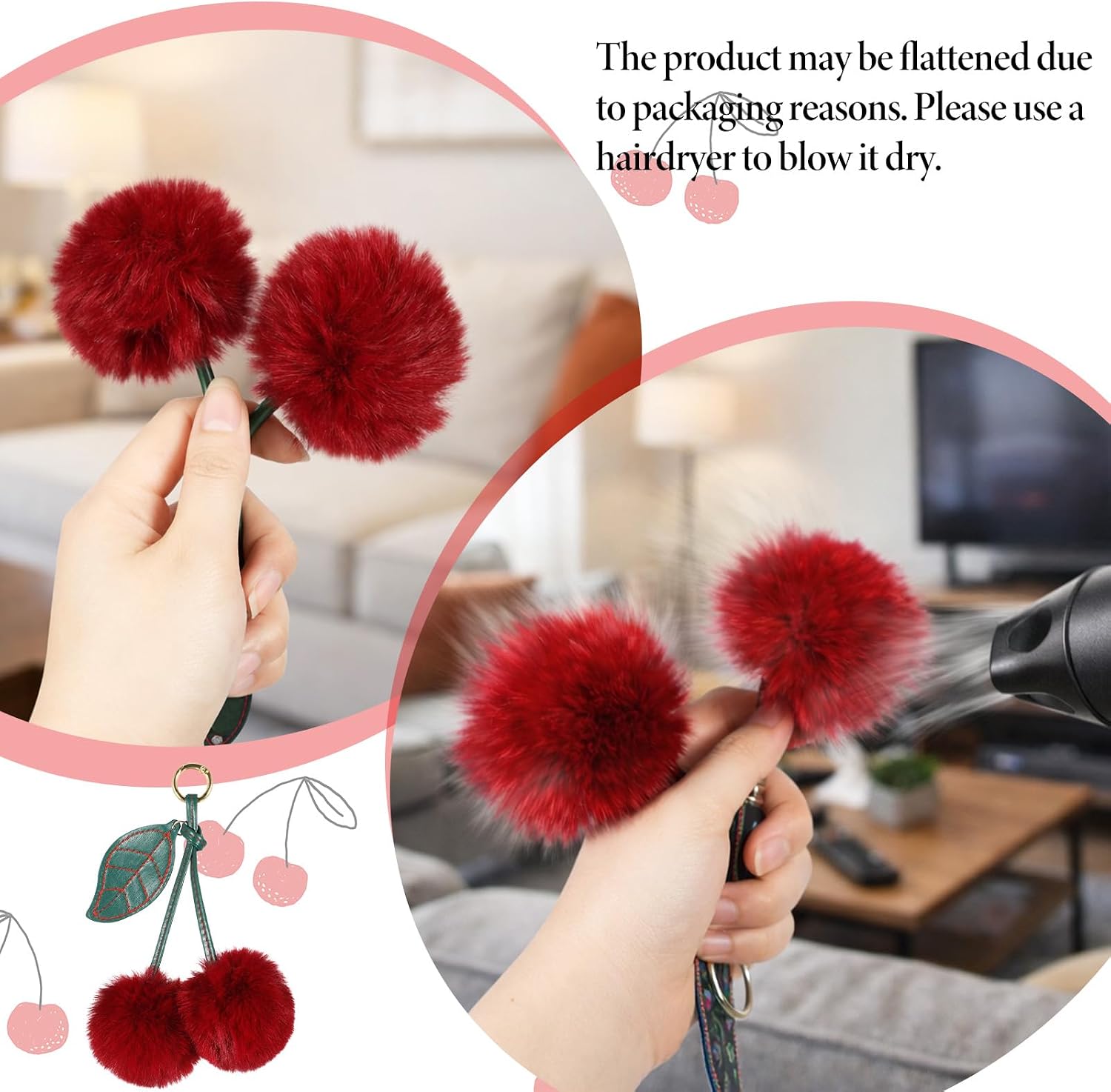 cobee Cherry Keychain, Cute Fluffy Cherry Bag Charm Plush Pom Pom Keychain