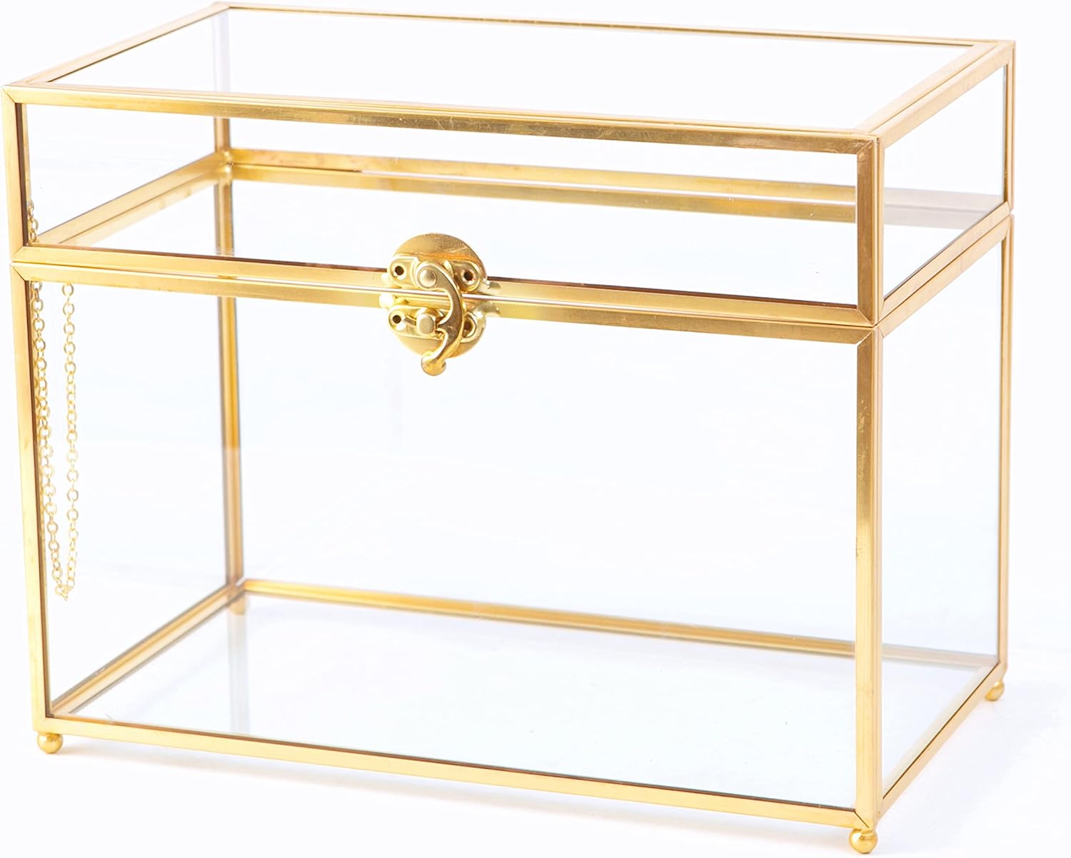Vellon Gold Clear Glass Wedding Gift Card Box with Buckle Lock, Desktop Cosmetic Storage Organizer with Lib, Keepsake Box/Makeup Container, Golden Jewelry Box