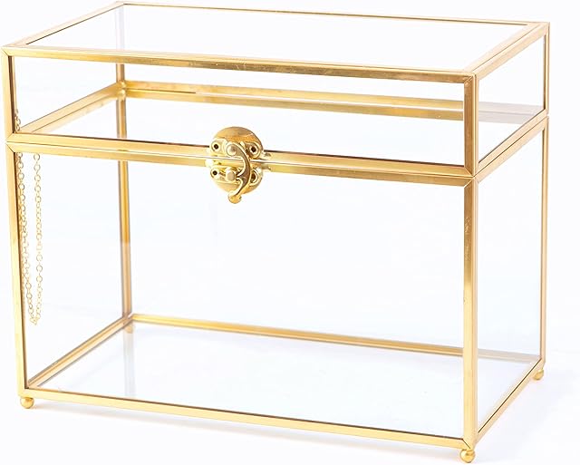 Vellon Lidded Gold Glass Card Box for Wedding Reception, Brass Clear Retro Centerpiece for Home Decor, Jewelry Box, Cosmetic Storage with Lib, Golden Keepsake Box with Buckle