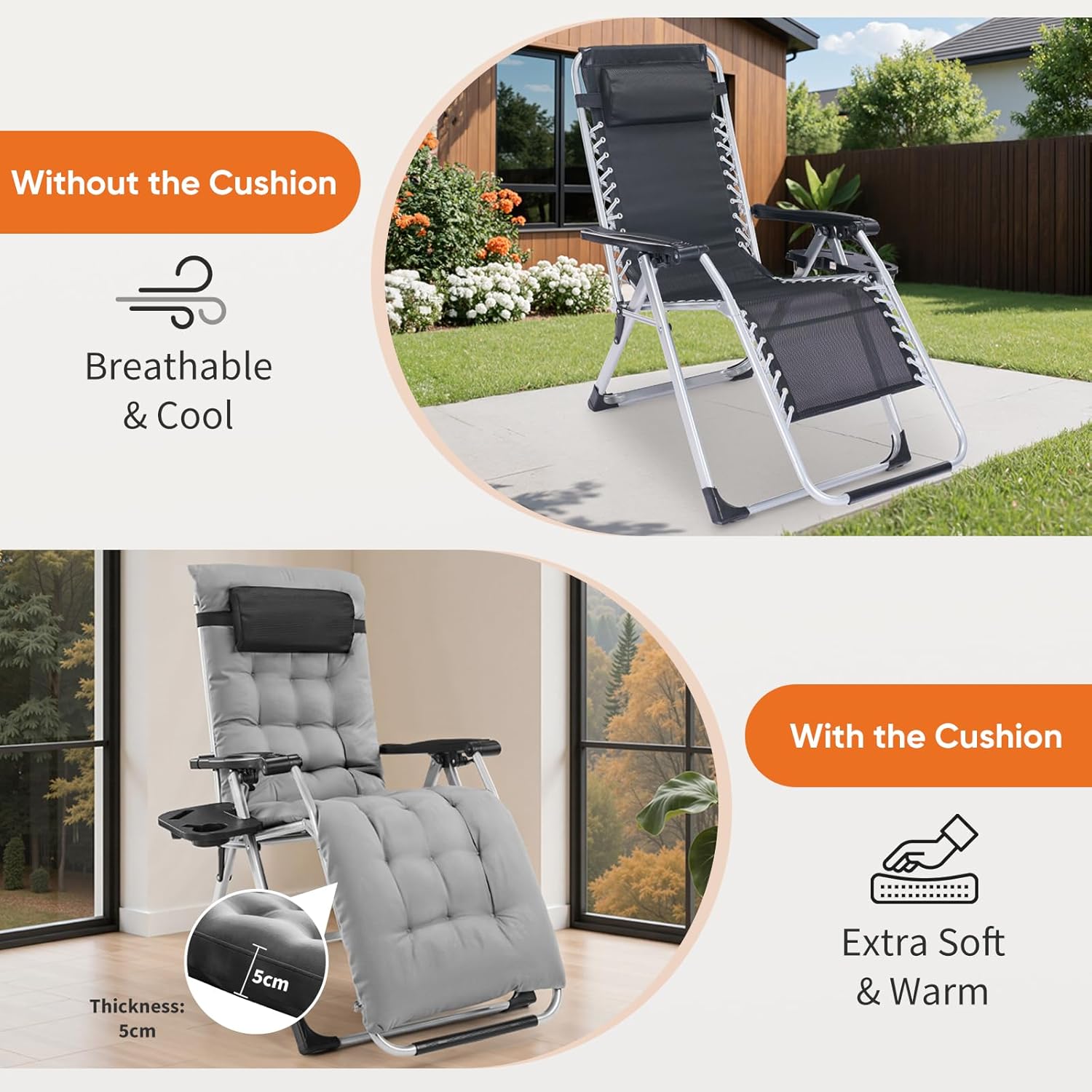 Zero Gravity Chair with Cushion & Tray, Portable Zero Gravity Recliner, Foldable Outdoor Lounge Chair for Patio, Camping & Backyard, Adjustable Anti-Gravity Chair, 440 lbs Capacity