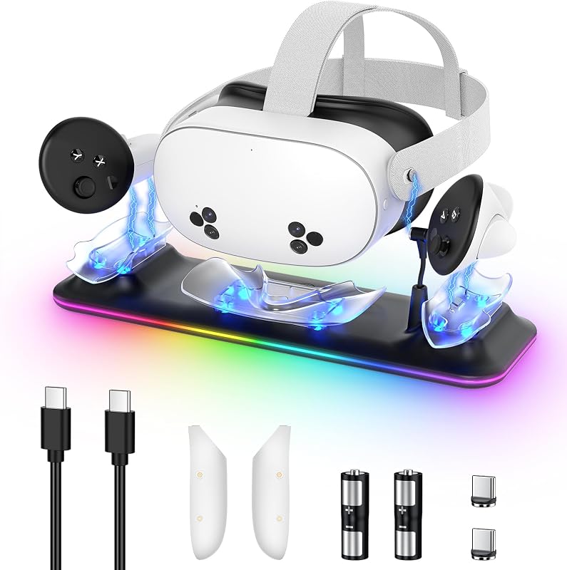 KINWIN VR Charging Dock Station for Meta Quest 3S/3 Headset & Controller | Fast Magnetic VR Charger Station Stand for Oculus Quest 3S/3 Accessories, RGB Light, 2 Rechargeable Batteries & Covers, Cable