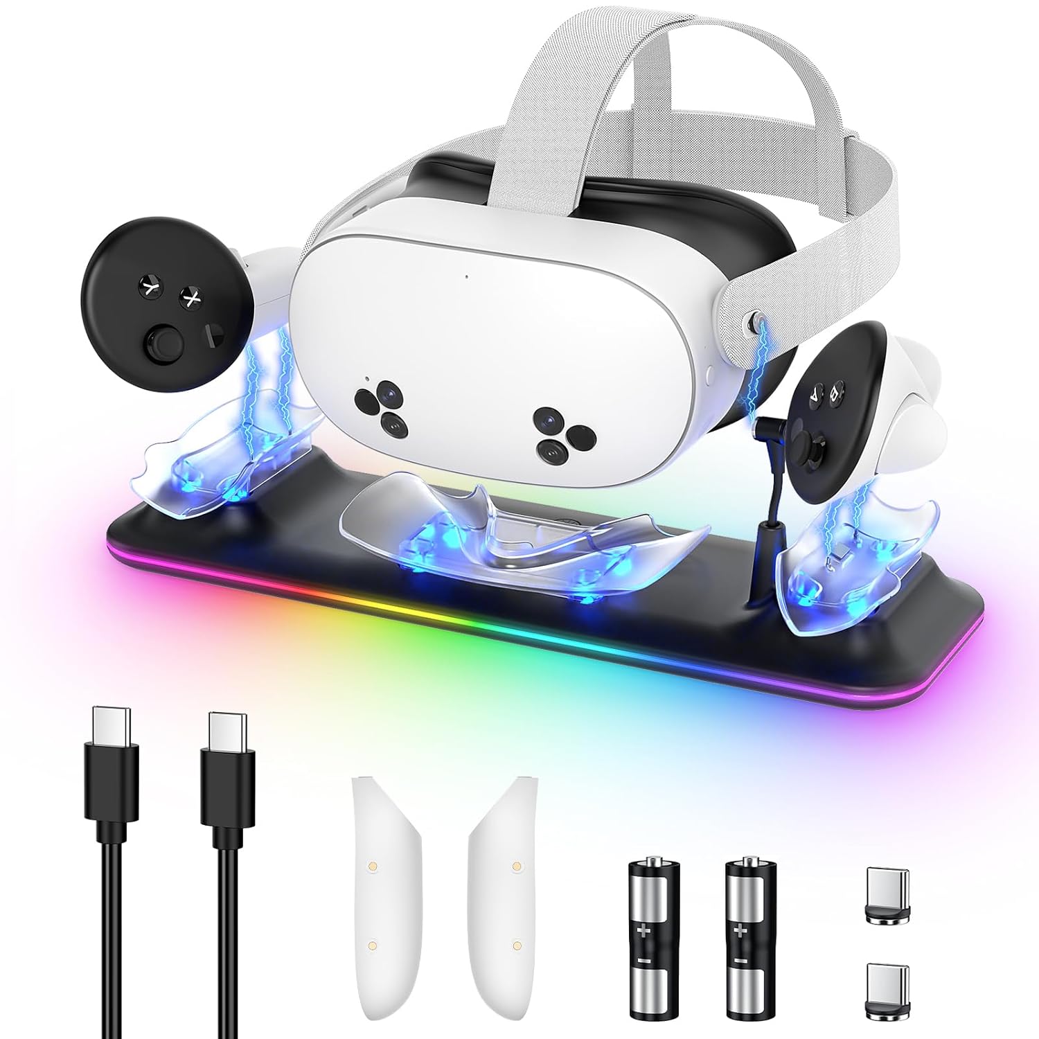 Ladestation für Meta Quest 3S/3, Kinwin Magnetische Ladestation für Oculus Quest 3S/3 Zubehör mit RGB Licht, Ladeständer für VR Headset und Controller mit 2 wiederaufladbaren Akkus, Schwarz - Amazon product rated Grade A