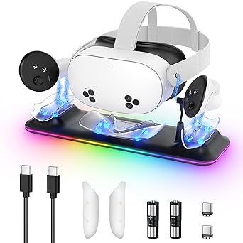 VR Charging Dock Station for Meta Quest 3S/3 Headset & Controller | Fast Magnetic VR Charger Station Stand for Oculus Quest 3S/3 Accessories, RGB Light, 2 Rechargeable Batteries & Covers, Cable