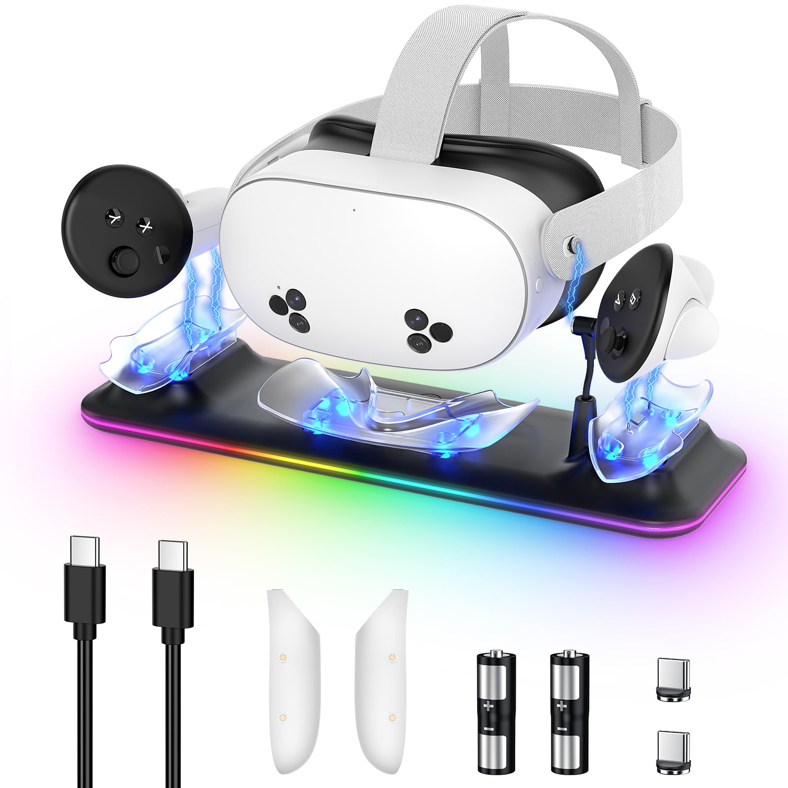 Stazione di ricarica per Meta Quest 3S/3 Kinwin Base di ricarica magnetica per accessori Oculus Quest 3S/3 con luce RGB, supporto di ricarica per auricolare VR e controller con 2 batterie ricaricabili