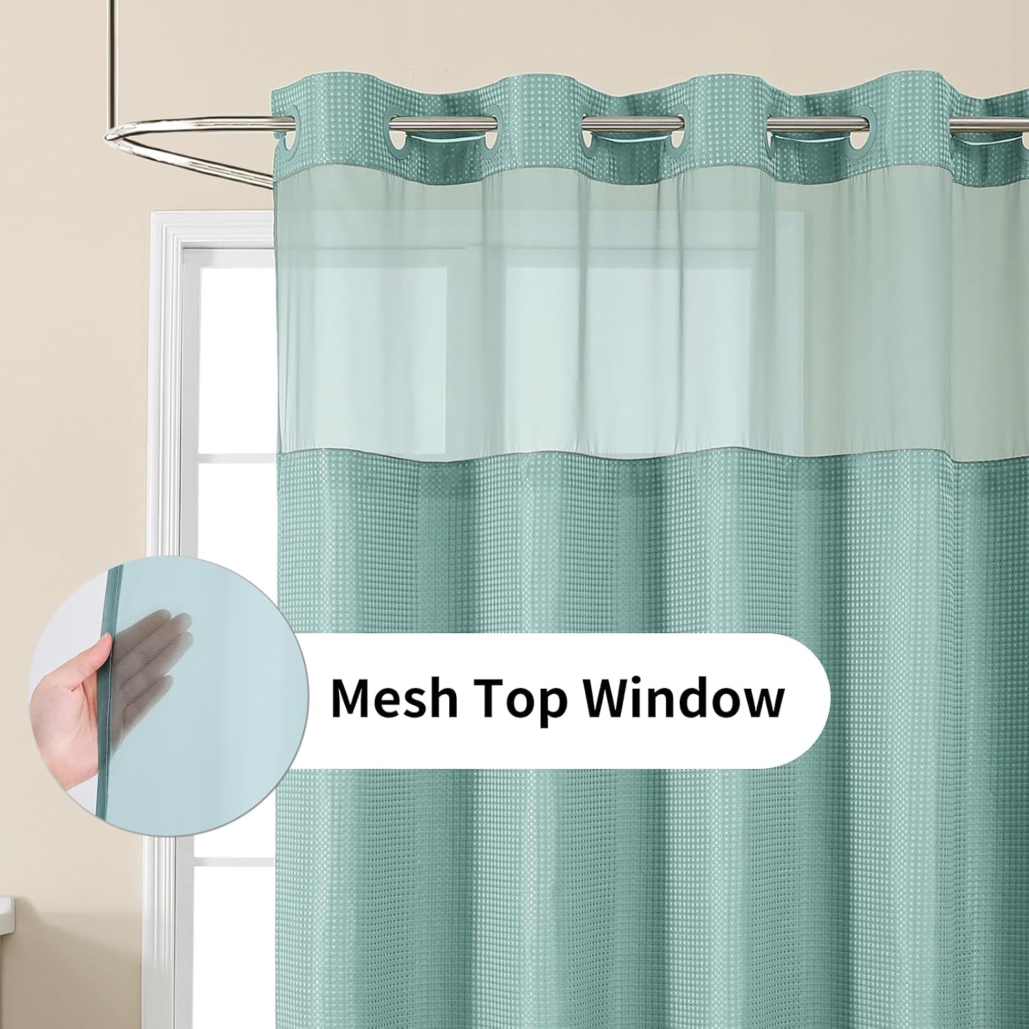 Colorful Star No Hook Shower Curtain with Snap in Fabric Liner, Waffle Weave Heavy Duty Thick Shower Curtains with Mesh Top Window, Hotel Style Waterproof Bathroom Curtain Set, 72 x 75 Inch, Teal thumbnail