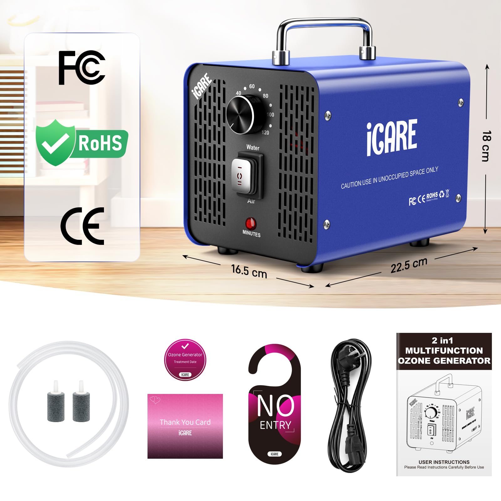 Générateur d'Ozone pour Eau et Air, 45000mg/h Purificateur d'Air à l'Ozone Éliminateur D'Odeurs avec Minuteur pour Salle de Bain, Cuisine, Animaux Domestiques, Voitures, Fumée, Eau, Fruits, Légumes