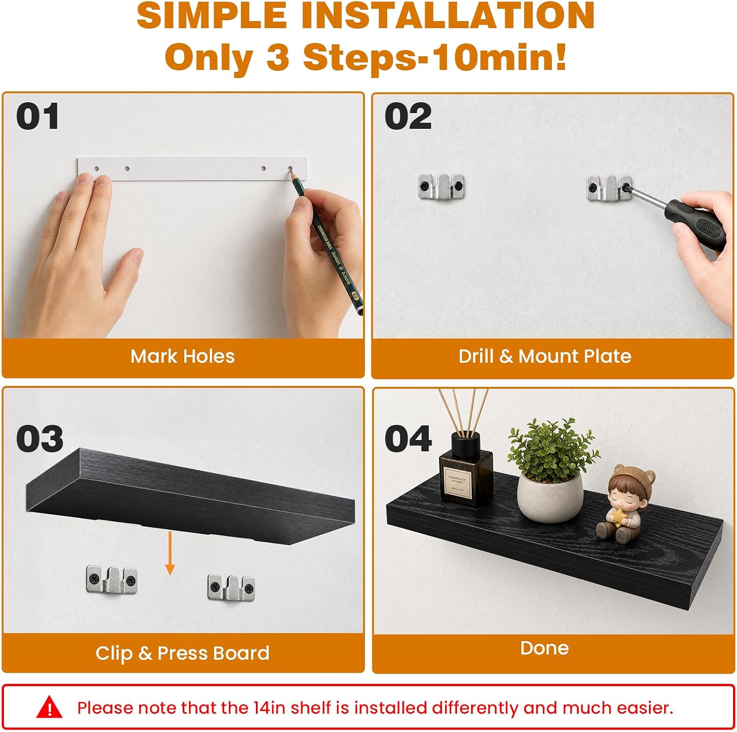 Boswillon Floating Shelves for Wall Decor, Set of 3 Bathroom Shelves, 14In image 4