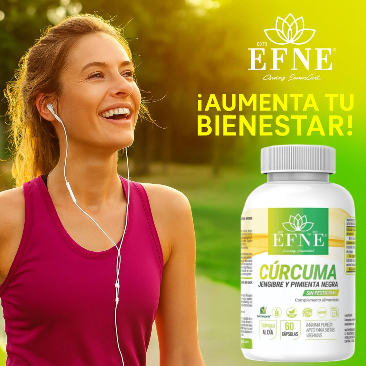 EFNE CURCUMINA FORTE – Cúrcuma + Jengibre + Pimienta Negra | 60 cápsulas veganas | Extracto de cúrcuma 95% curcumina + jengibre 5% gingeroles + piperina 95% | Sin gluten ni lactosa